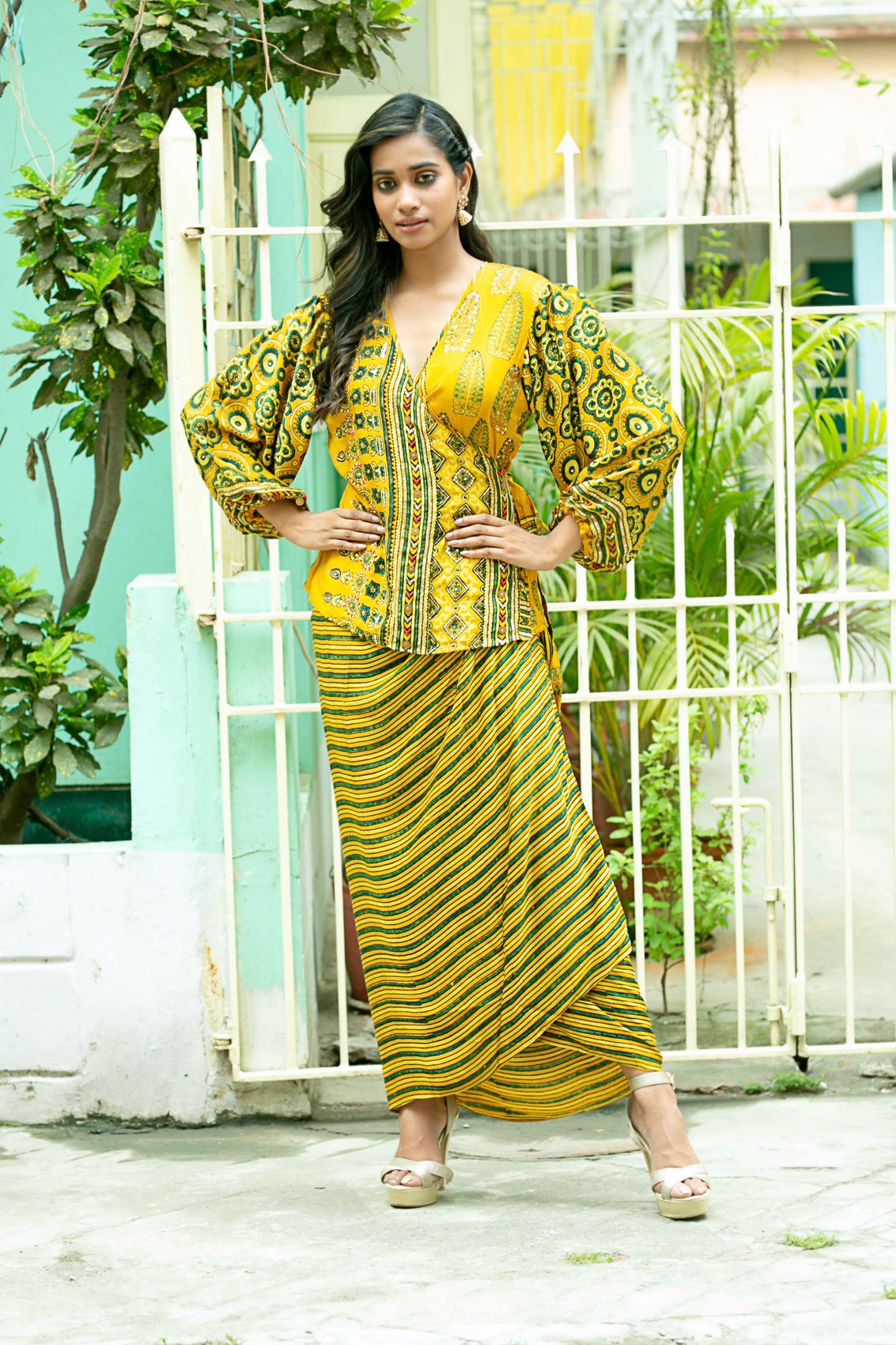Mustard Ajrakh Overflap Top With Wrap Skirt
