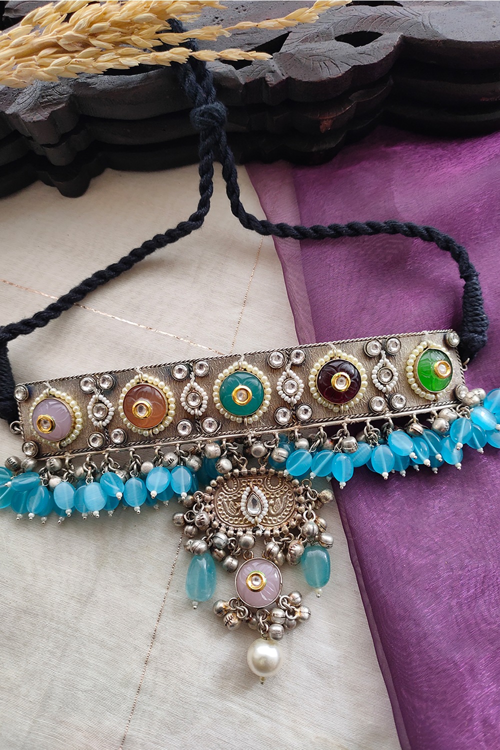 Tribal Blue Beads Rectangular Necklace