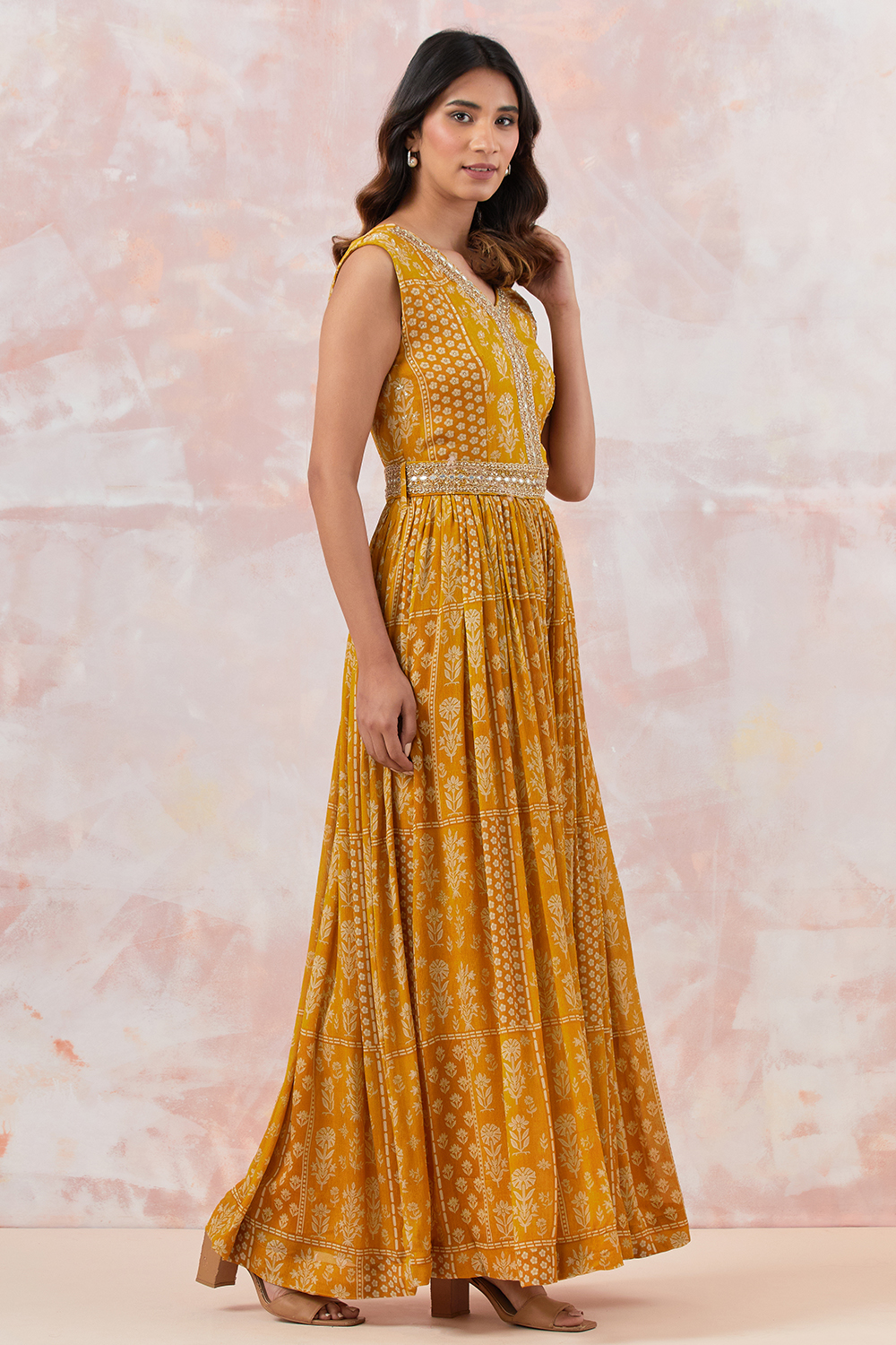 Yellow Jumpsuit With Embroidered Belt