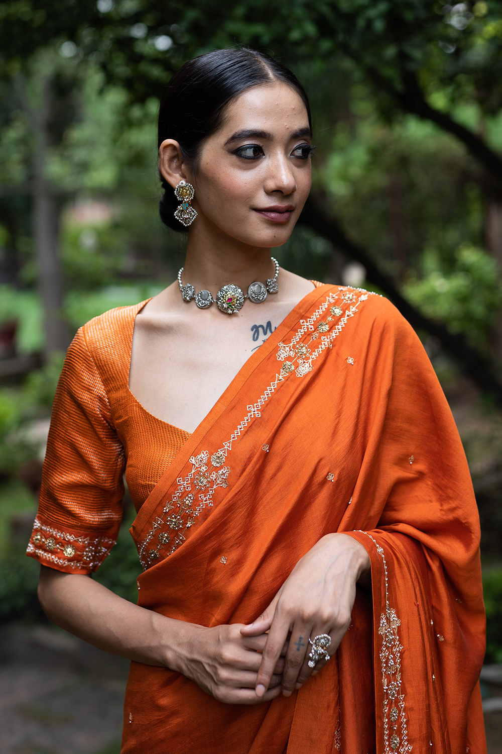 Rust Orange Hand Embroidered Silk Saree
