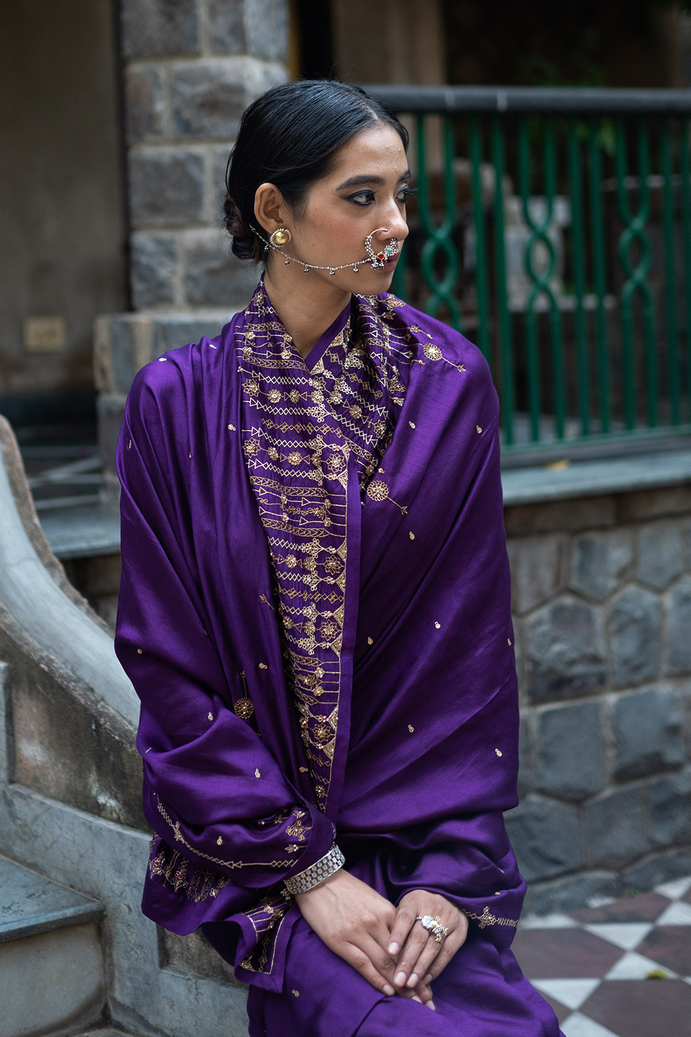Violet Hand Embroidered Silk Saree
