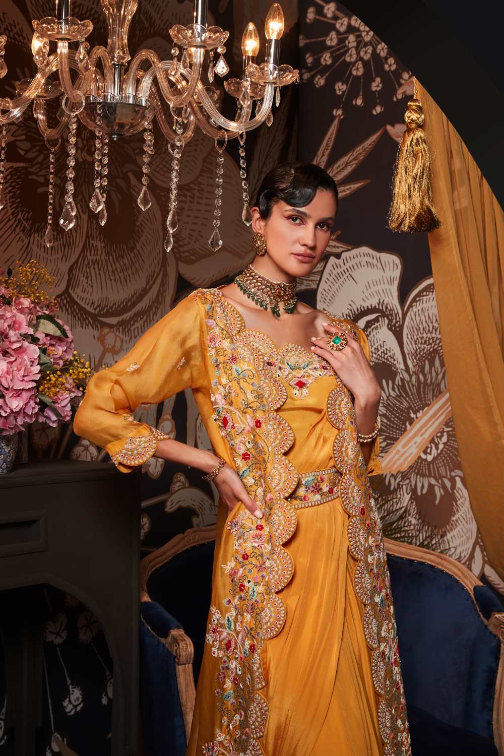 Yellow Drape Sari Set With Jacket