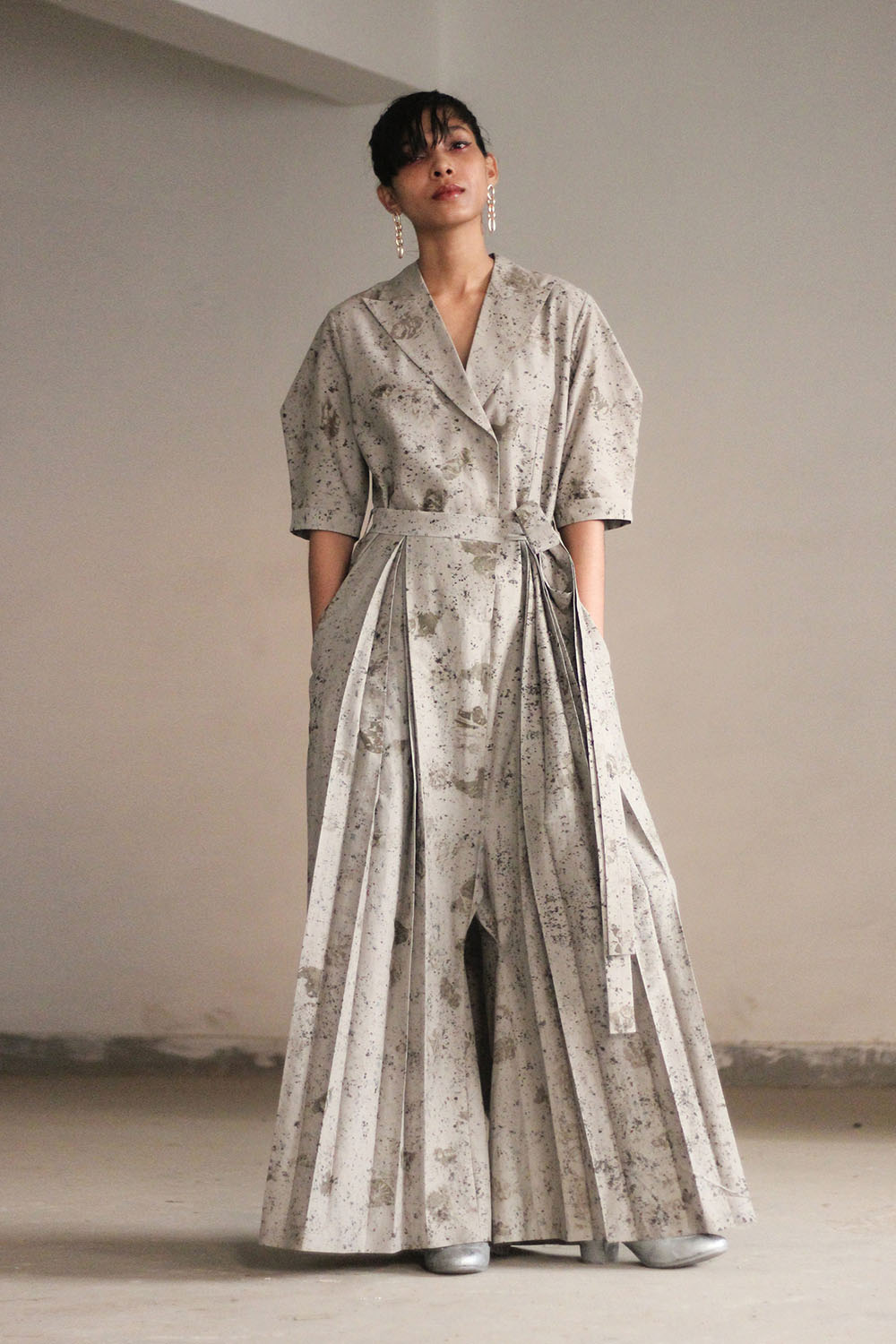 Grey Cotton Silk Deconstructed Lapel Jumpsuit