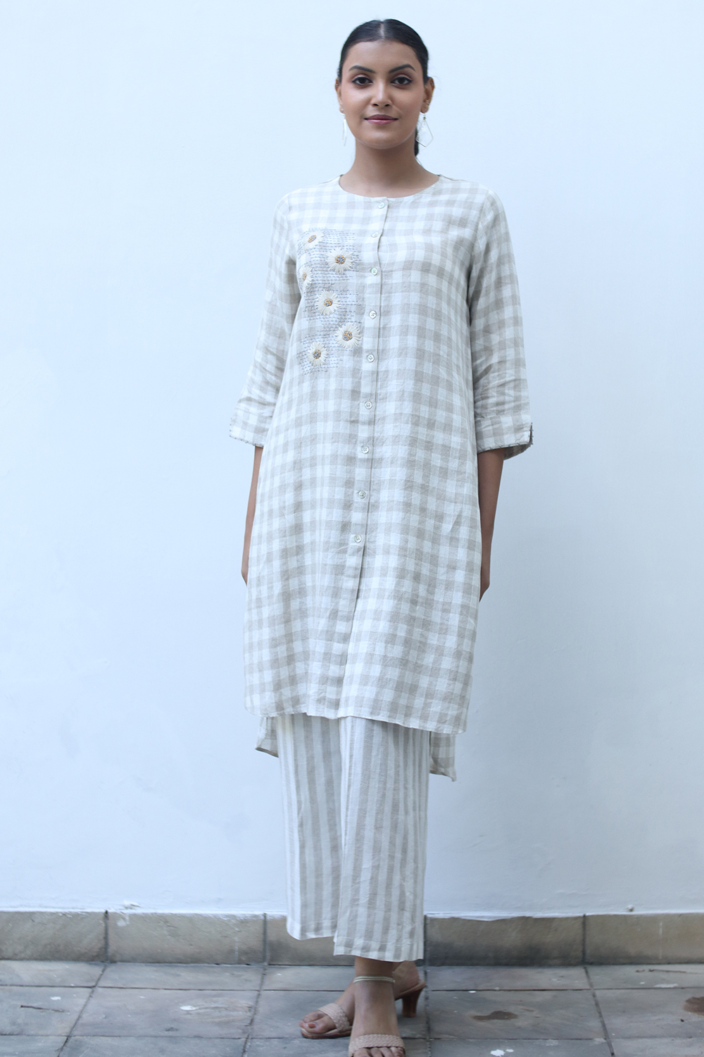 Beige Checks Floral Embroidered Tunic 