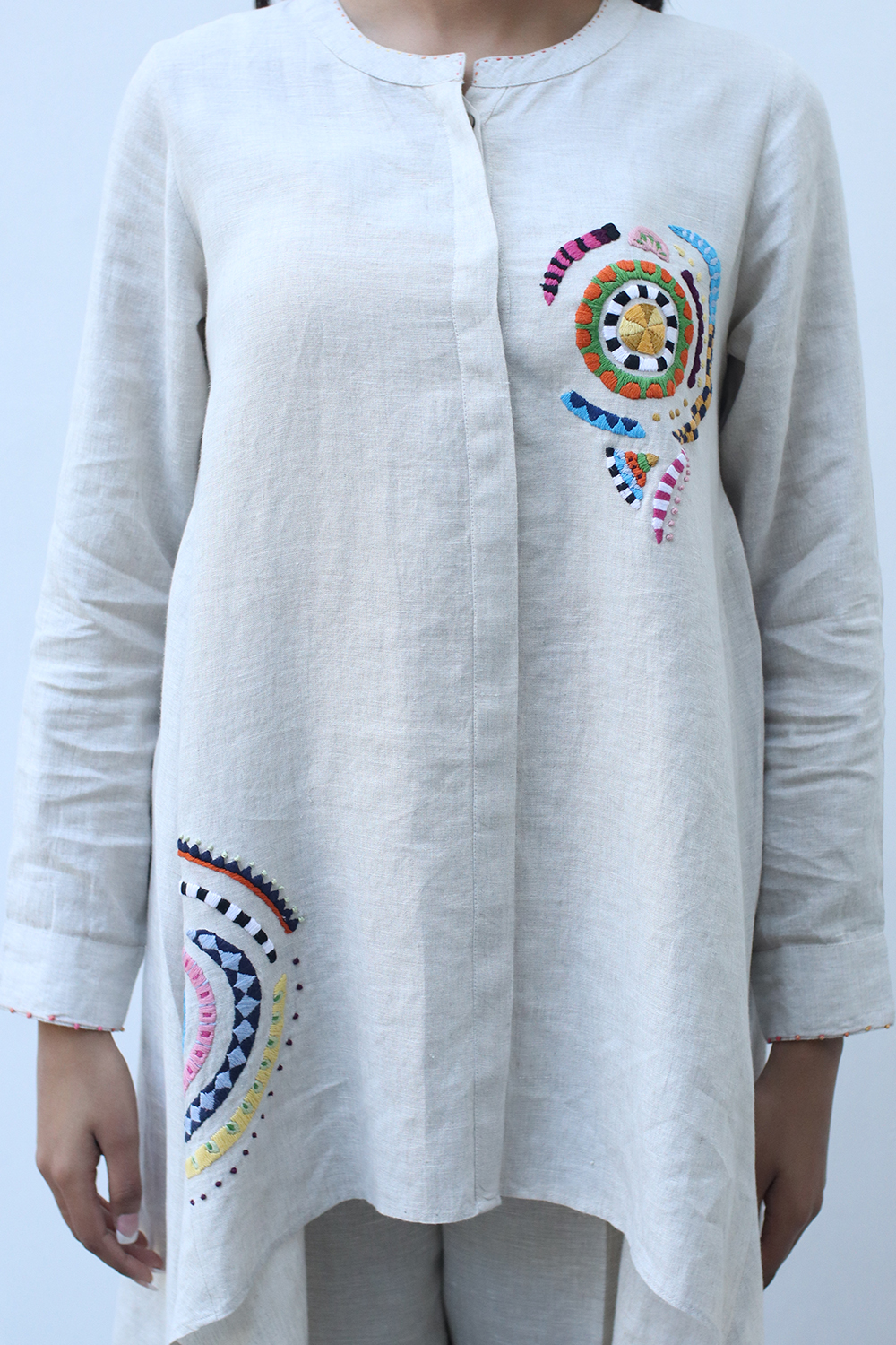 Beige High Low Floral Embroidered Tunic 