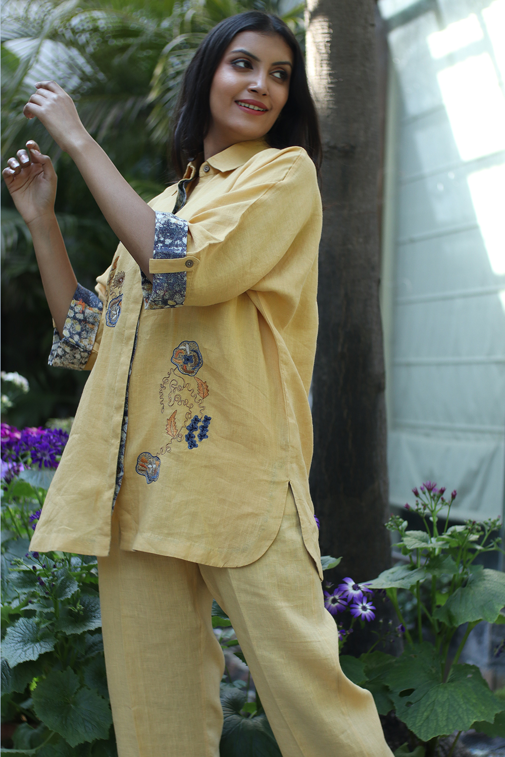 Ochre Floral Embroidered Shirt 