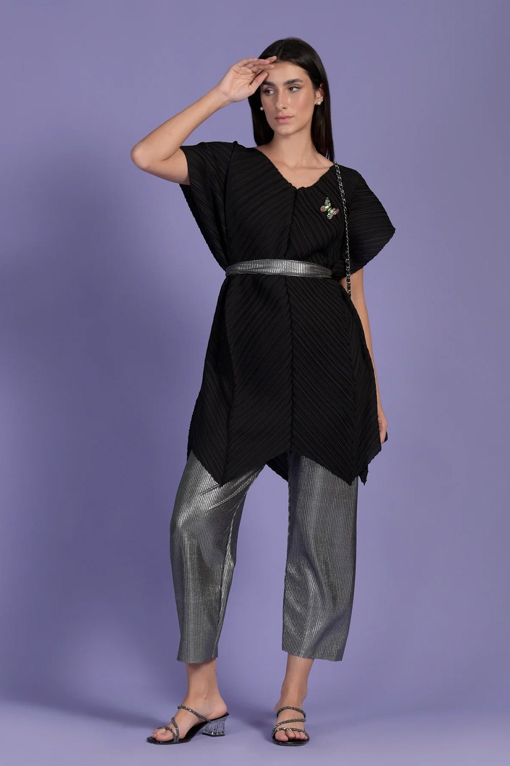 Blair Butterfly Quirky Top With Metallic Pants- Black