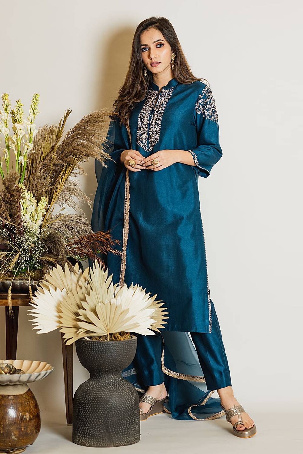 Persian Blue Short Kurta With Chanderi Silk Pants And Organza Dupatta