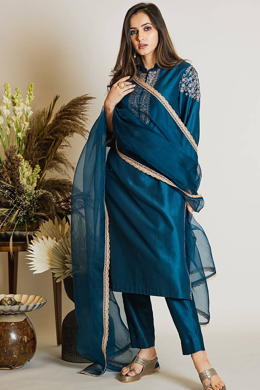 Persian Blue Short Kurta With Chanderi Silk Pants And Organza Dupatta