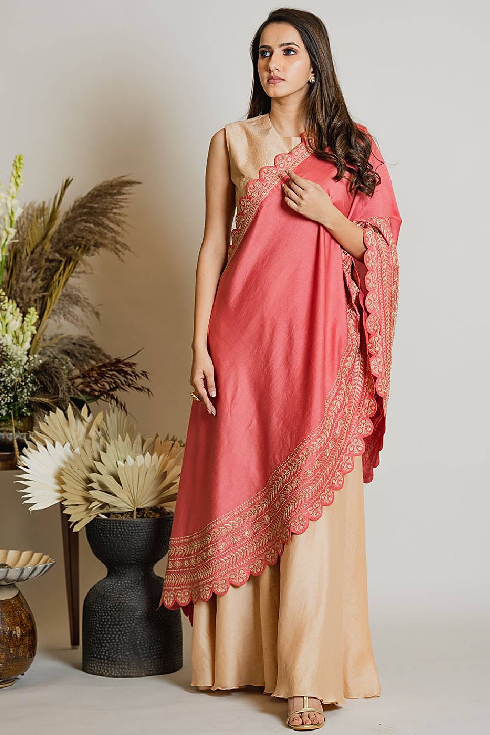 Brick Pink Silk Draped Saree, Paired With A Crop Top & Chanderi Silk Flared Pants