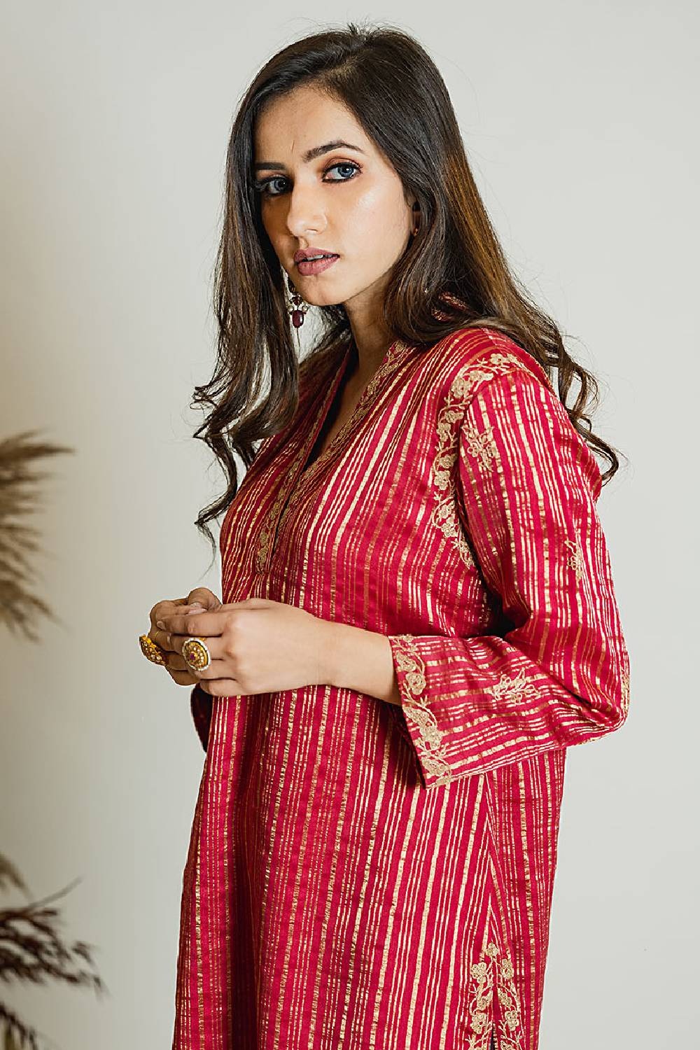 Red And Magenta Zari Striped Chanderi Silk High Neck Kurta Silk Pant Set