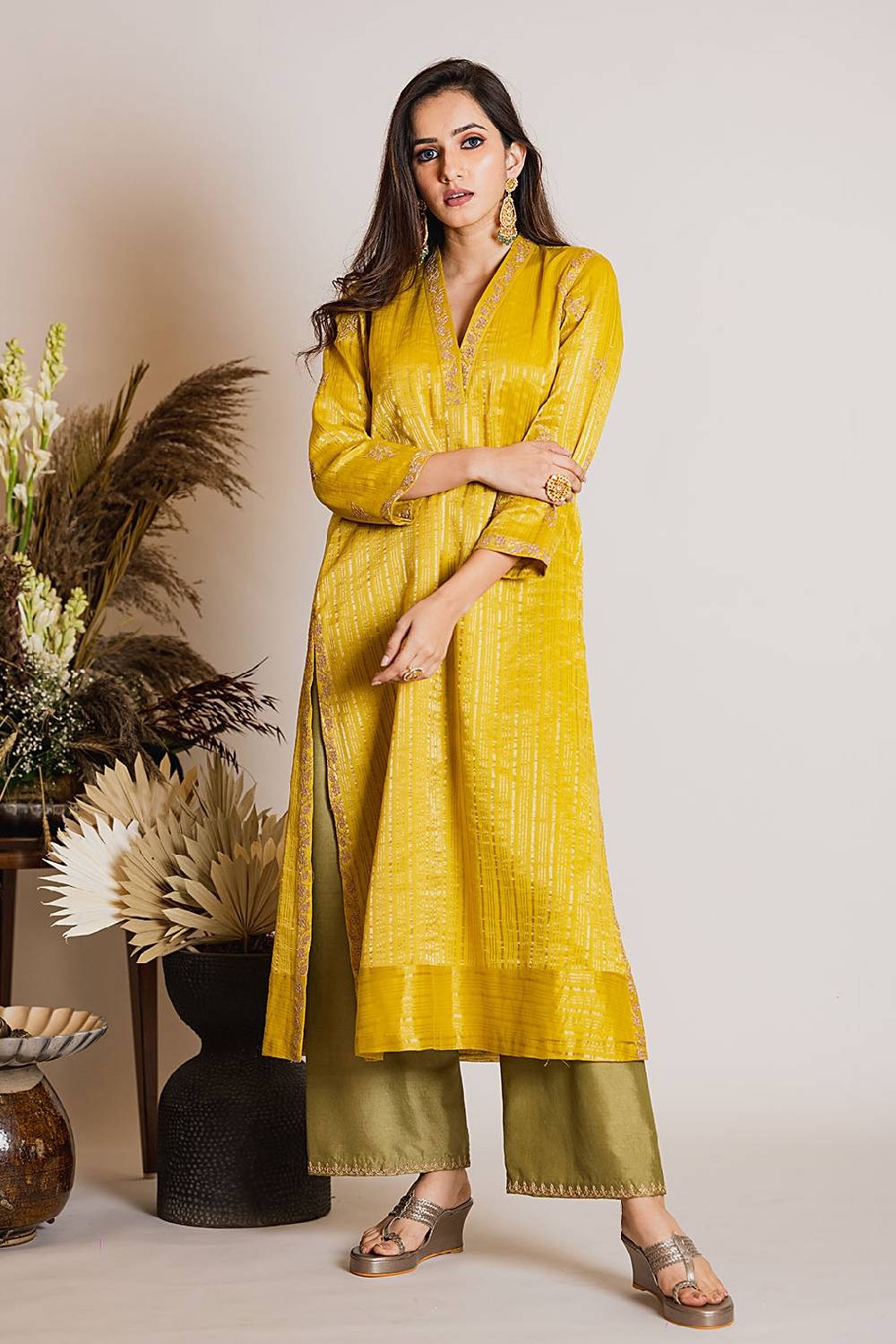 Yellow And Green Zari Striped Chanderi Silk High Neck Kurta Silk Pant Set
