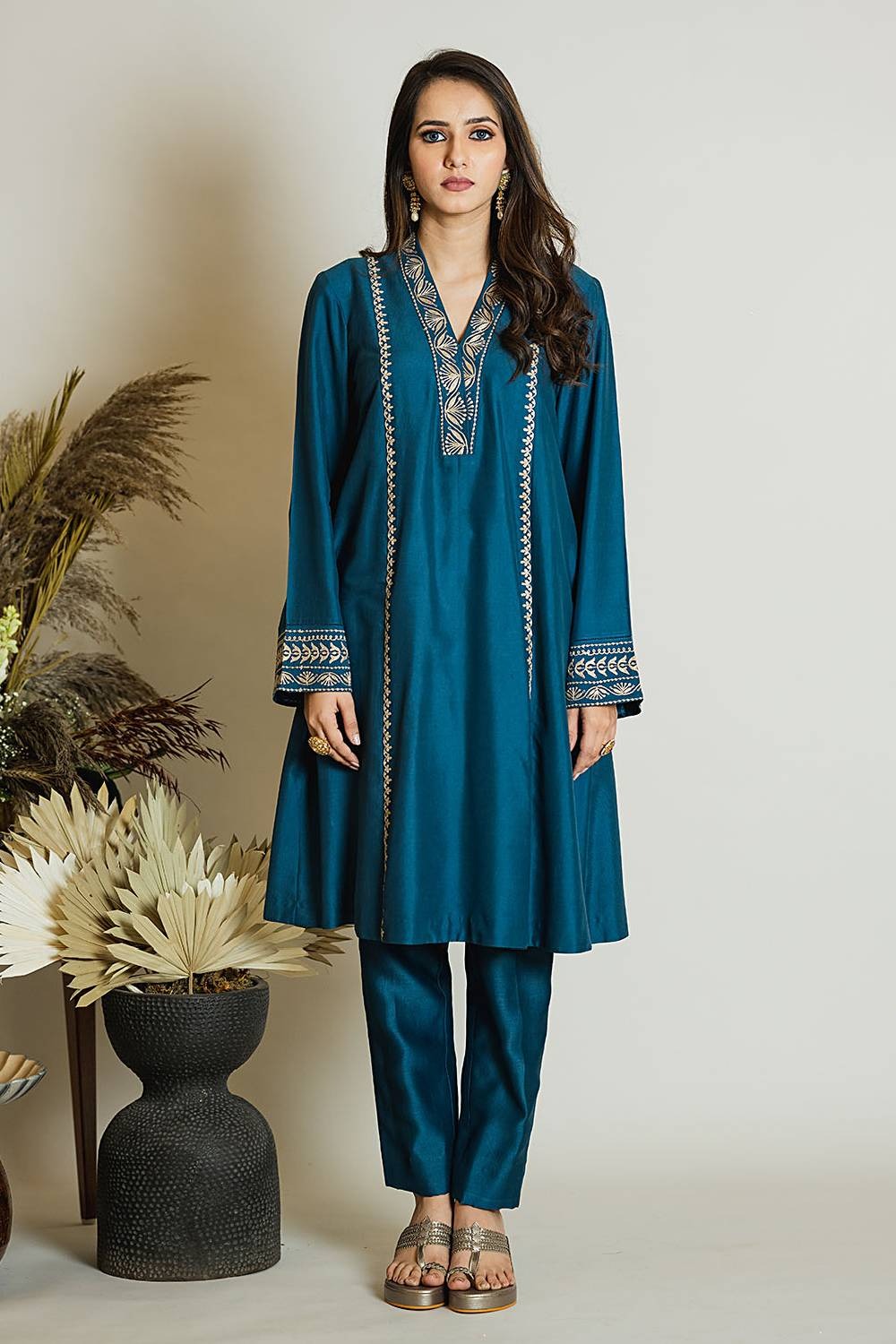 Persian Blue Short Kurta Chanderi Silk Pant Set
