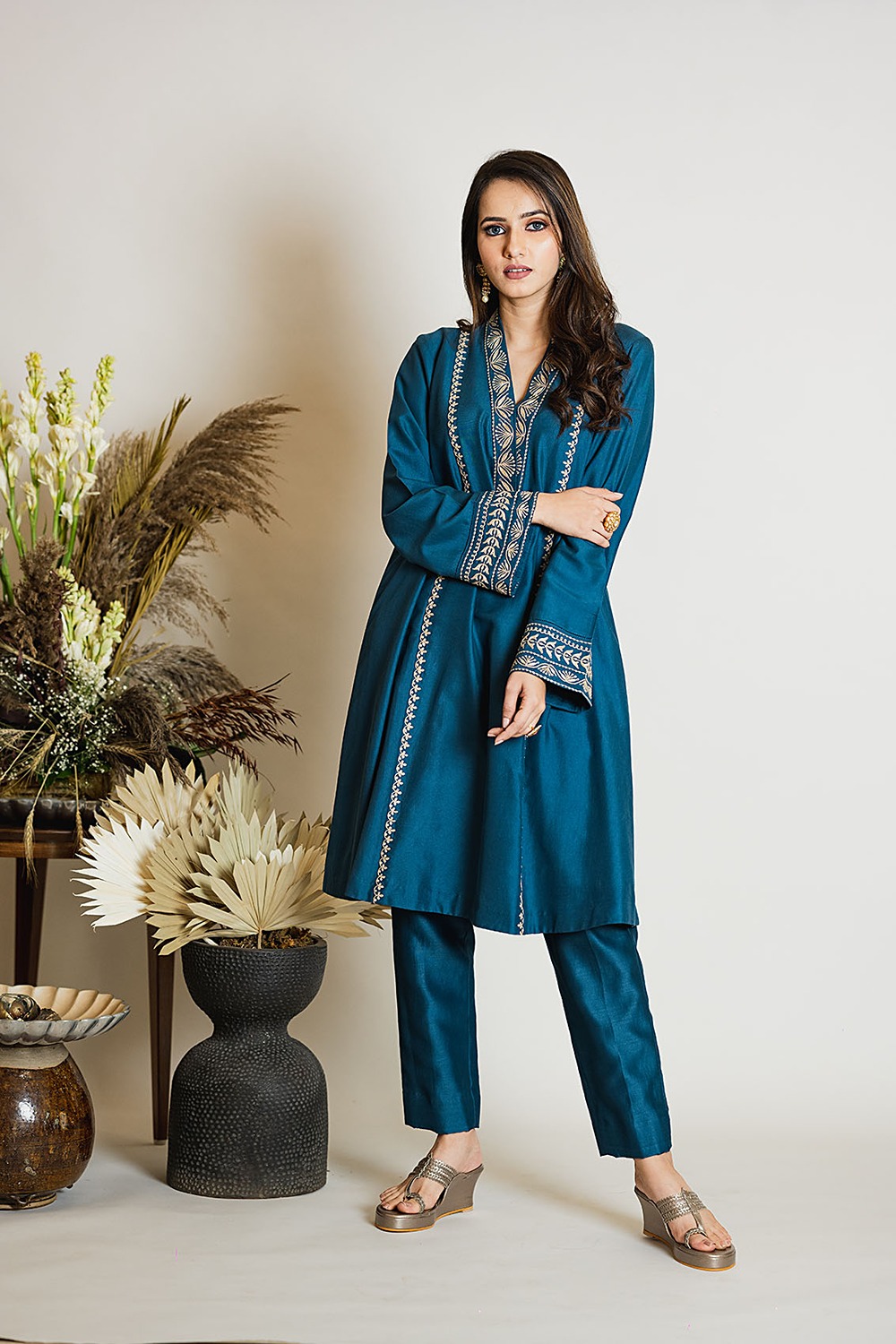 Persian Blue Short Kurta Chanderi Silk Pant Set