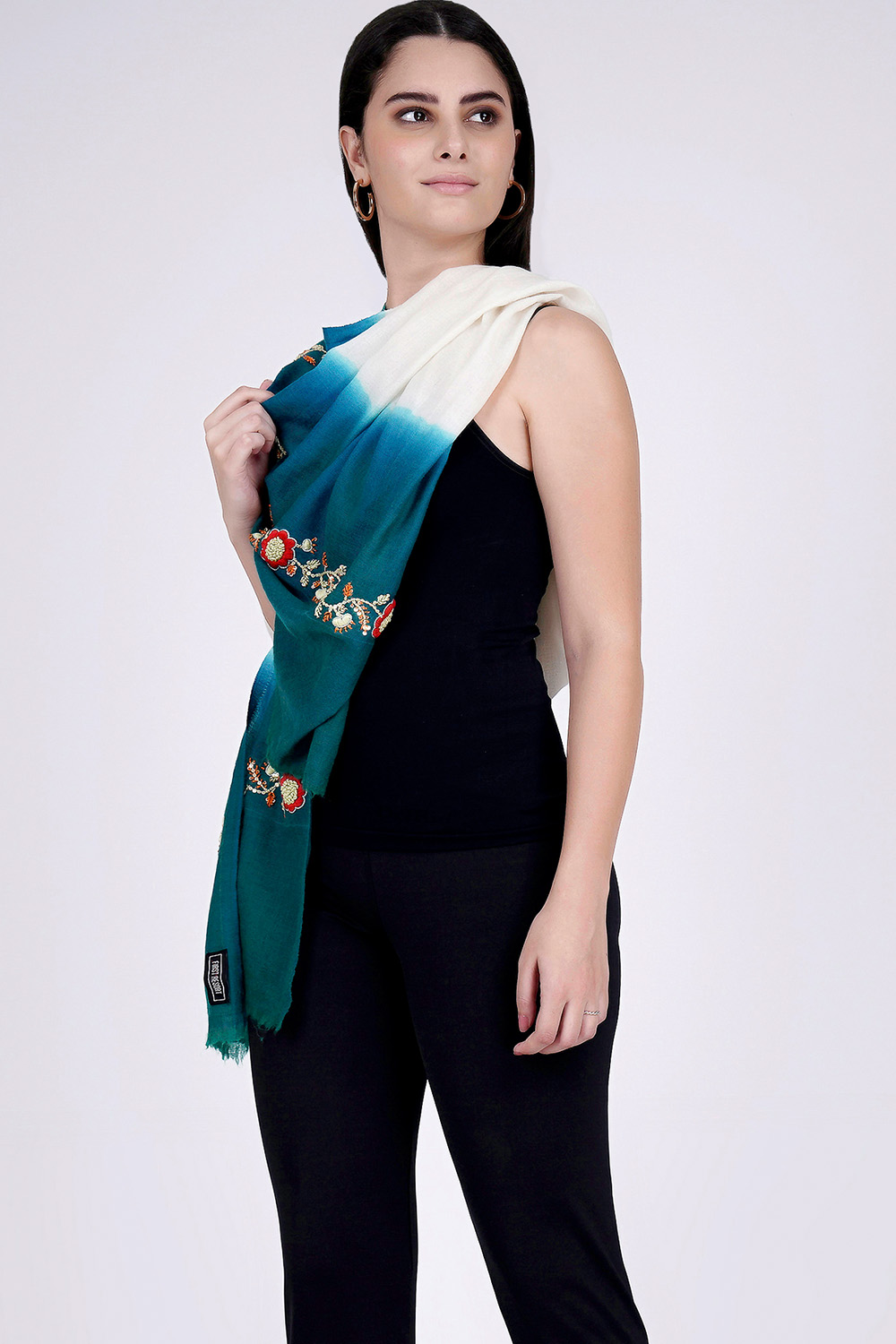White And Teal Green Hand Embroidered Colour Block Scarf