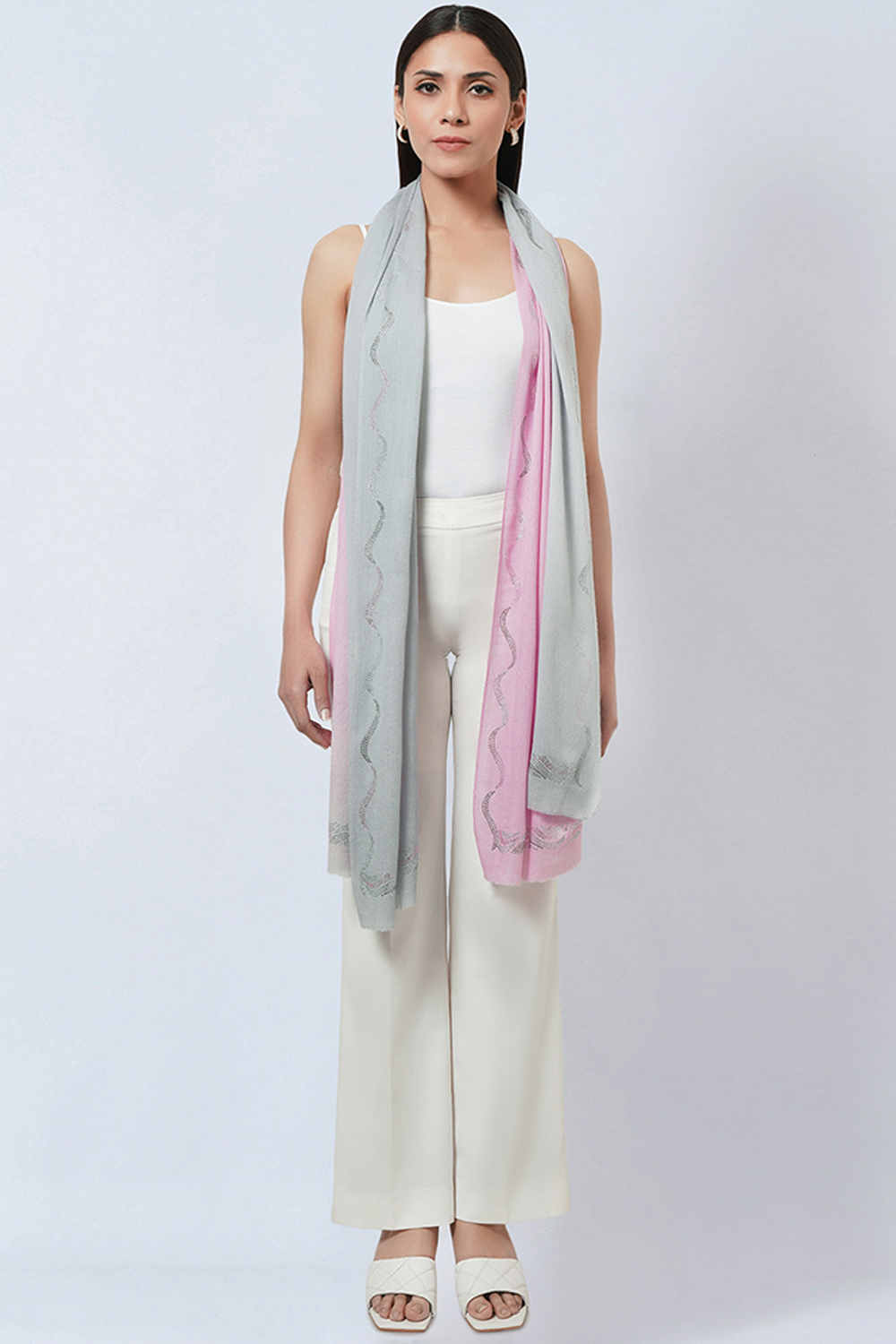 Pink And Grey Ombre Embellished Cashmere Stole