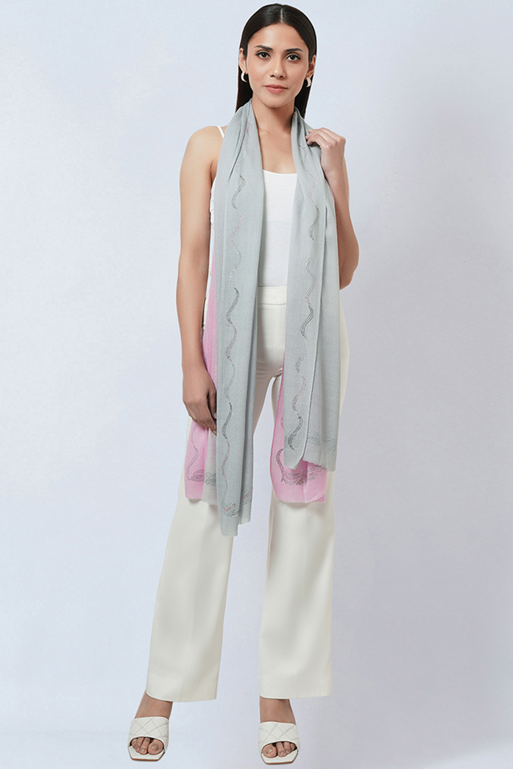 Pink And Grey Ombre Embellished Cashmere Stole