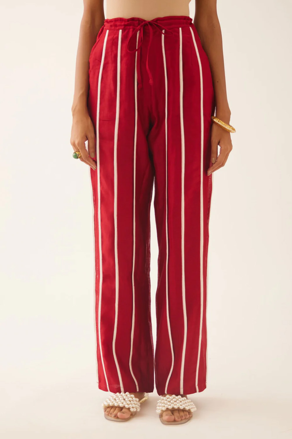 Red Silk Chanderi Straight Pants With Vertical Off White Piping Detail