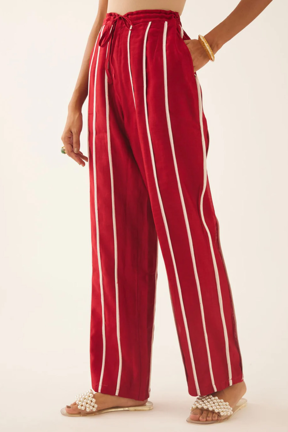 Red Silk Chanderi Straight Pants With Vertical Off White Piping Detail