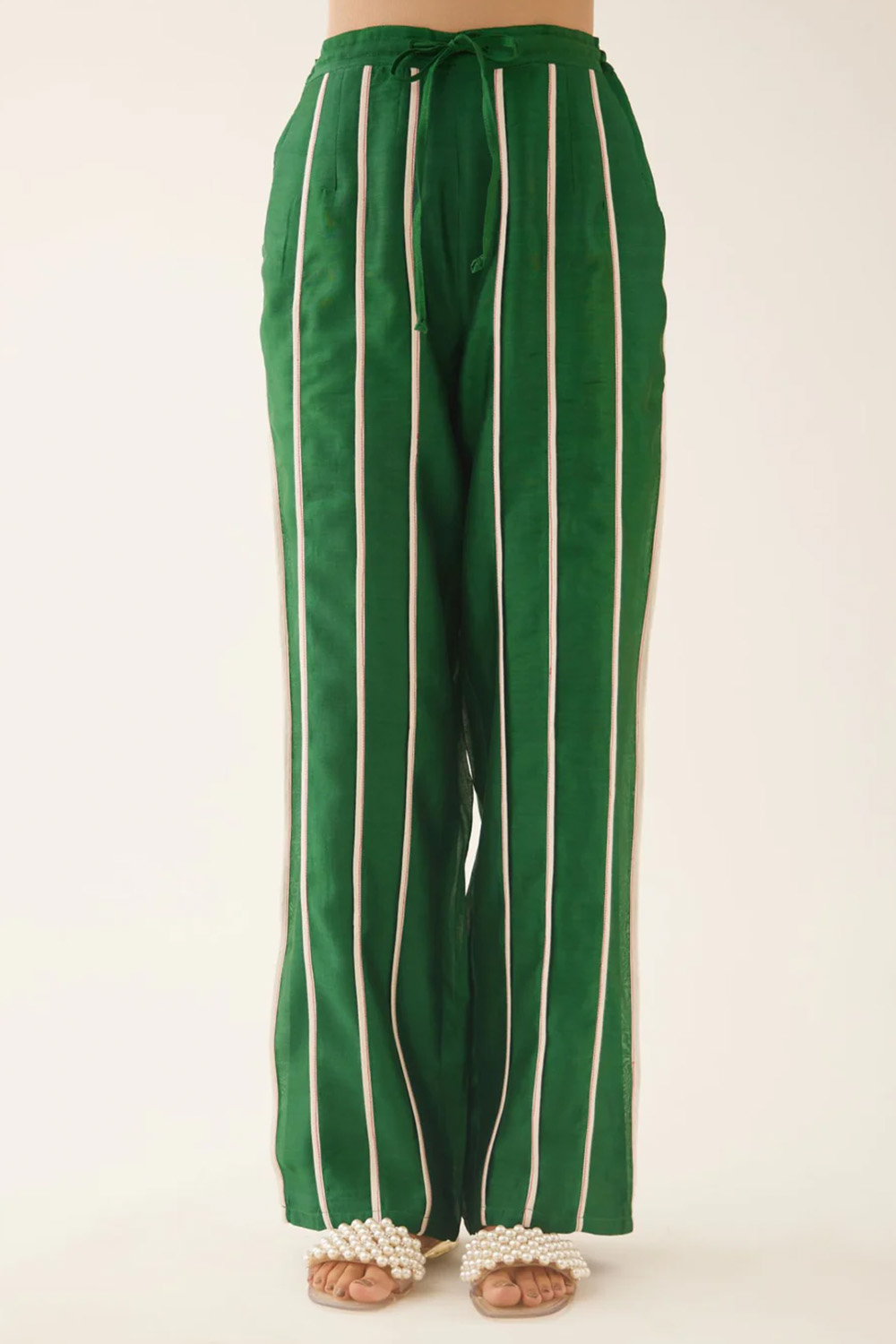Green Silk Chanderi Straight Pants With Vertical Off White Piping Detail