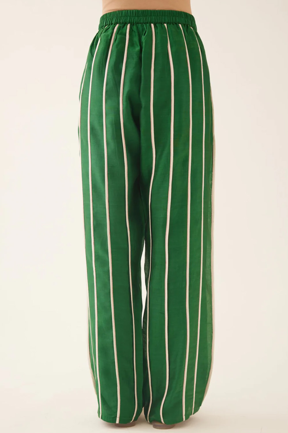 Green Silk Chanderi Straight Pants With Vertical Off White Piping Detail