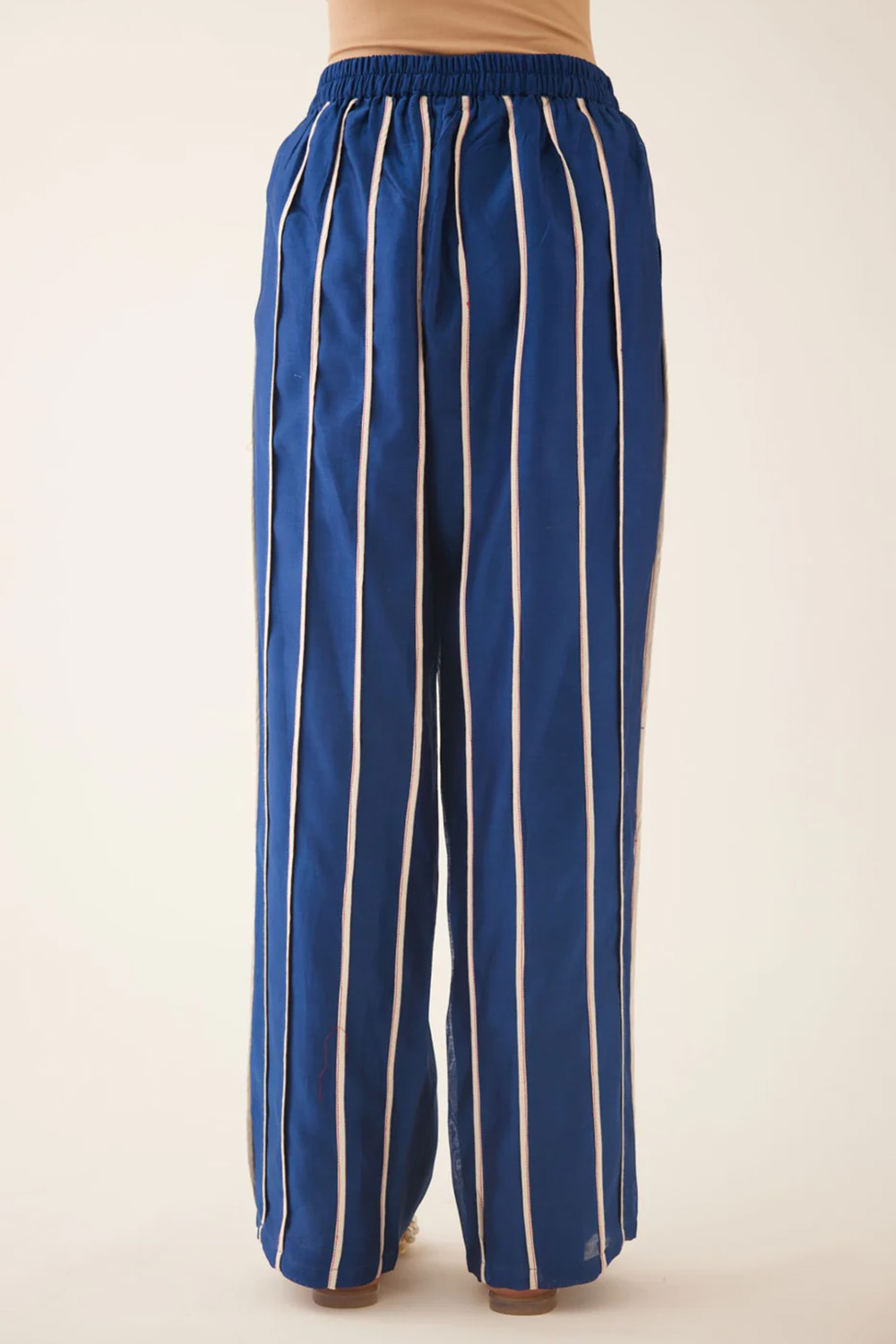 Blue Silk Chanderi Straight Pants With Vertical Off White Piping Detail
