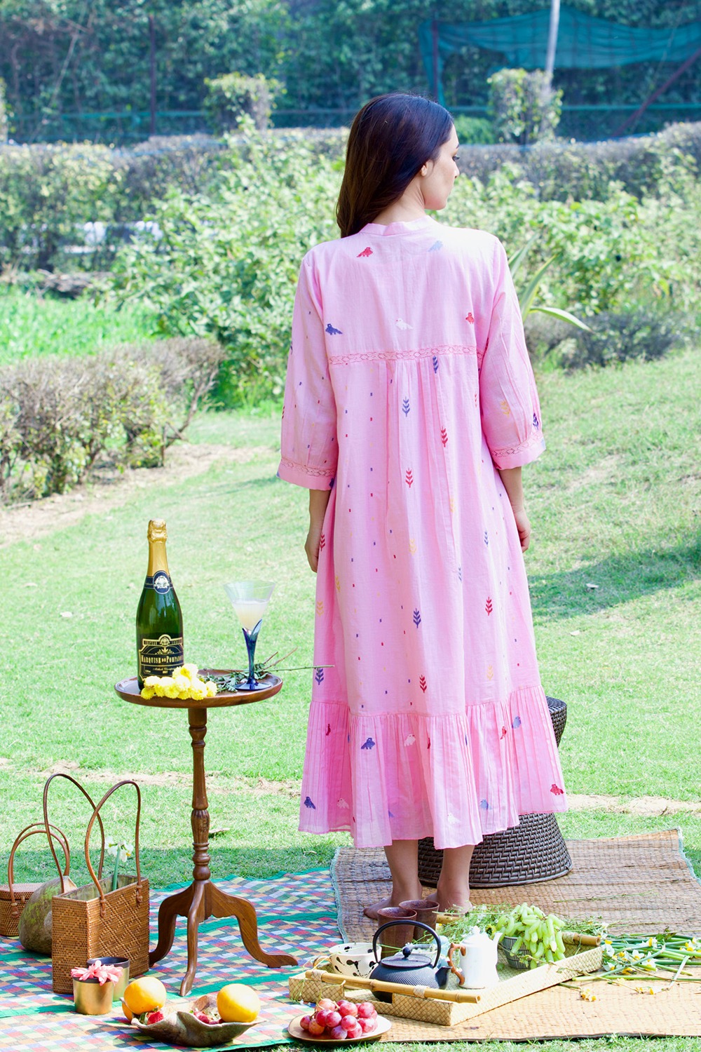 Pink Embroidered Yolk Dress