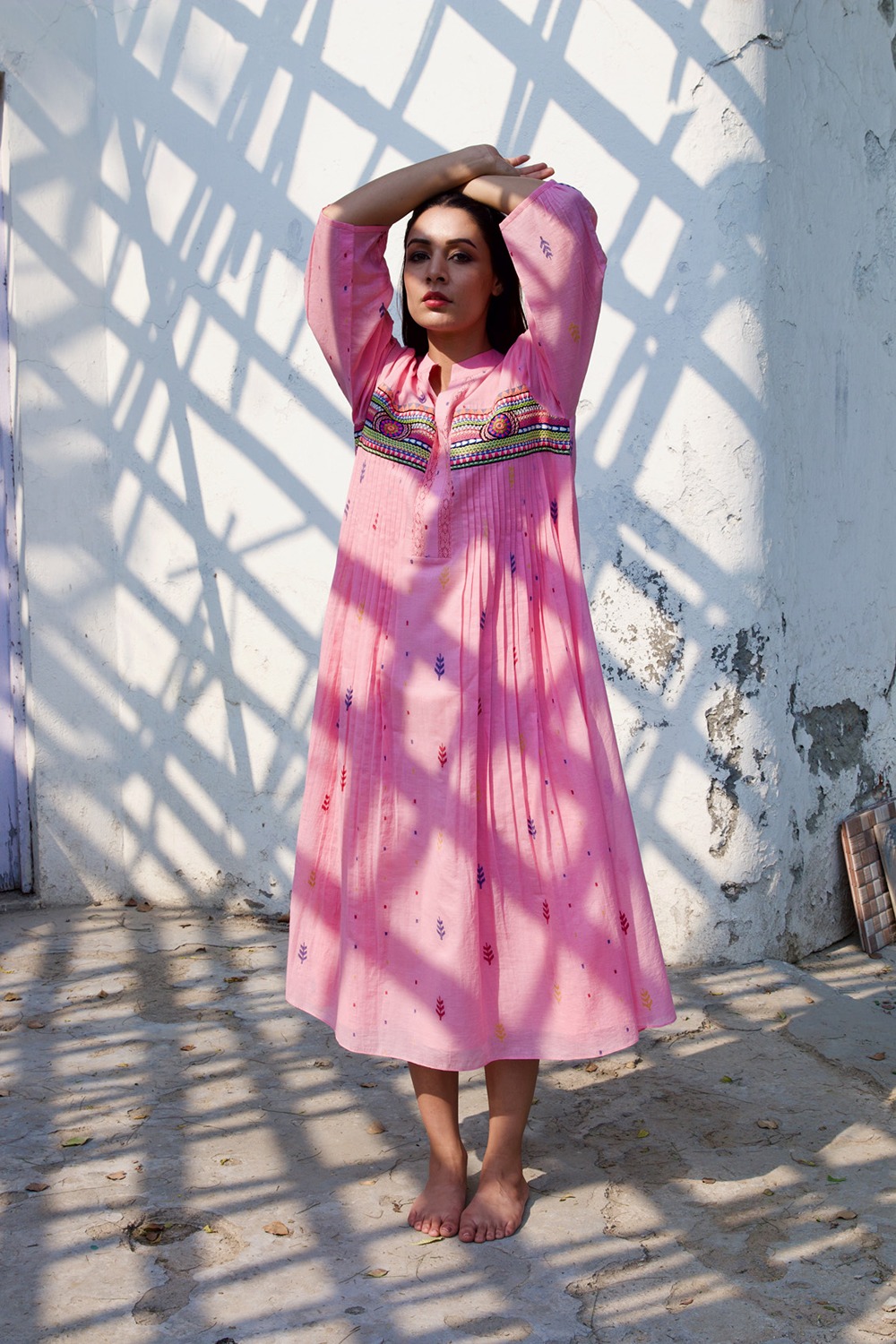 Pink Embroidery Pleats Dress 