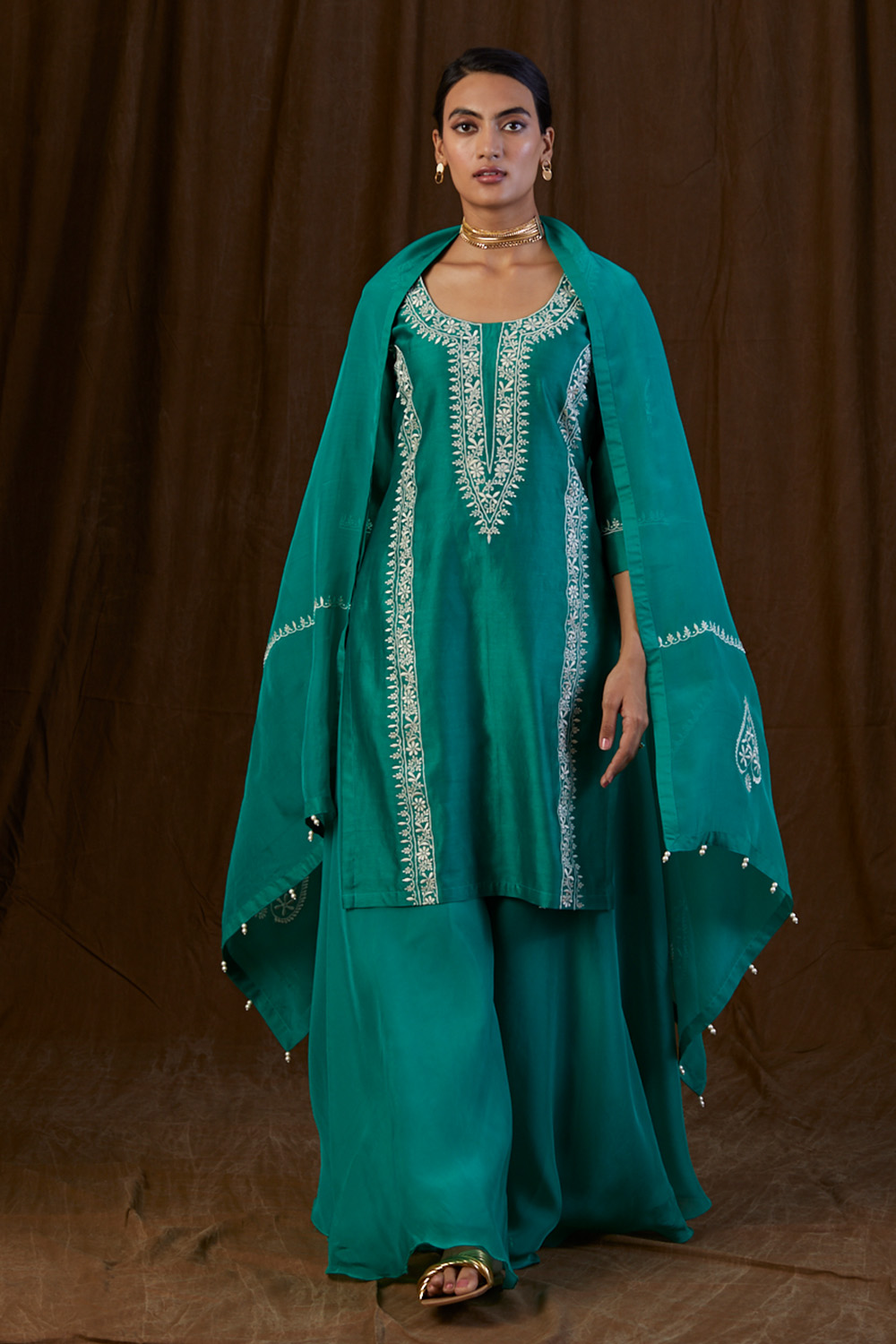 Teal Green Panel Silk Chanderi Sharara Set 