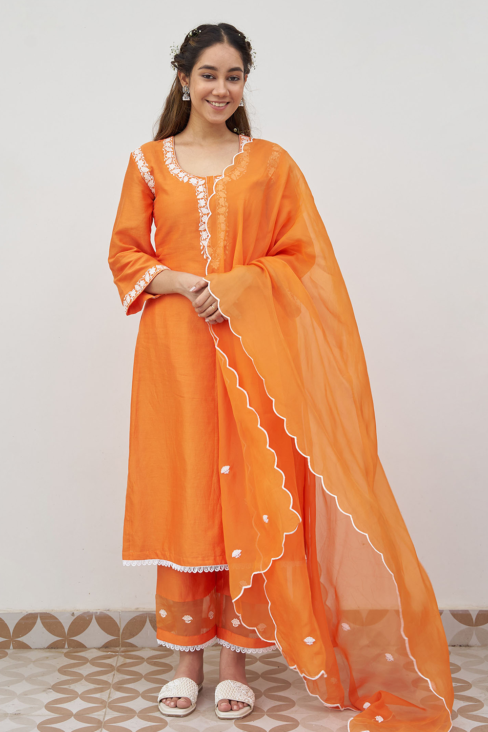 Orange Chanderi Embroidered Kurta Set (Set of 3)
