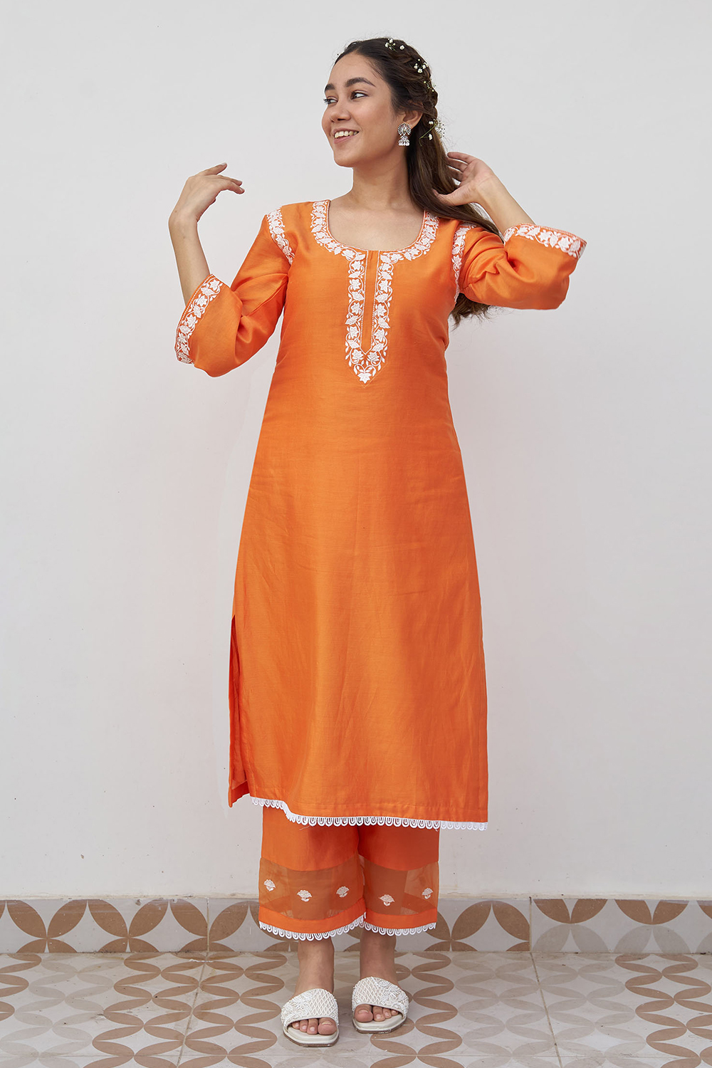 Orange Chanderi Embroidered Kurta Set (Set of 3)
