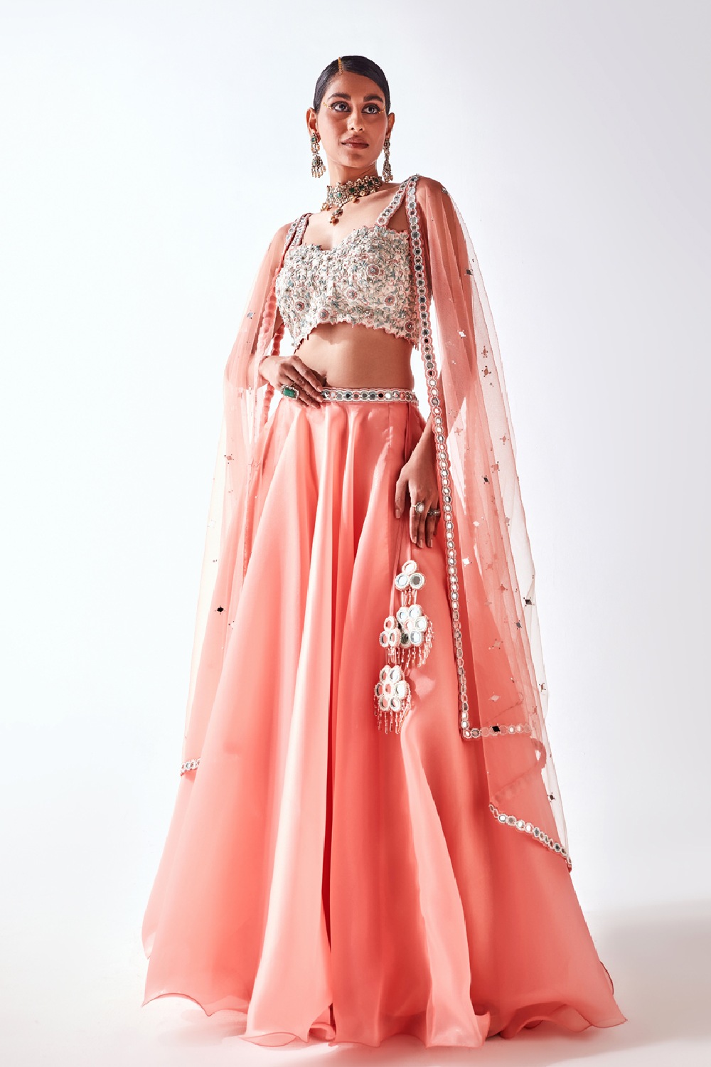 Feyre Strapy Cutwork Bustier Paired With Flared Skirt & Ombre Cutwork Dupatta