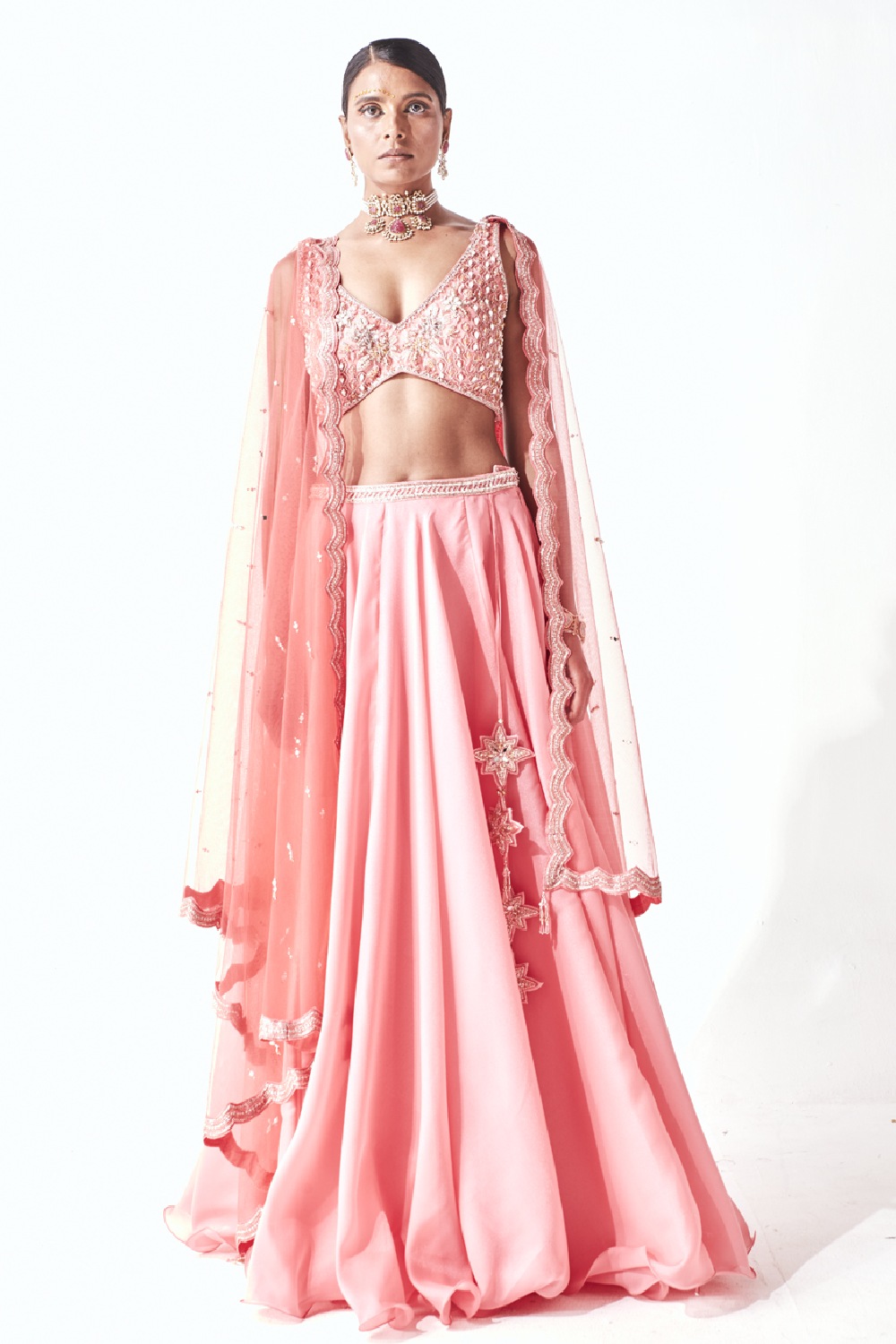 Feyre V-Shape Bustier Paired With Embroidered Belt Flared Lehenga & Scallop Net Dupatta