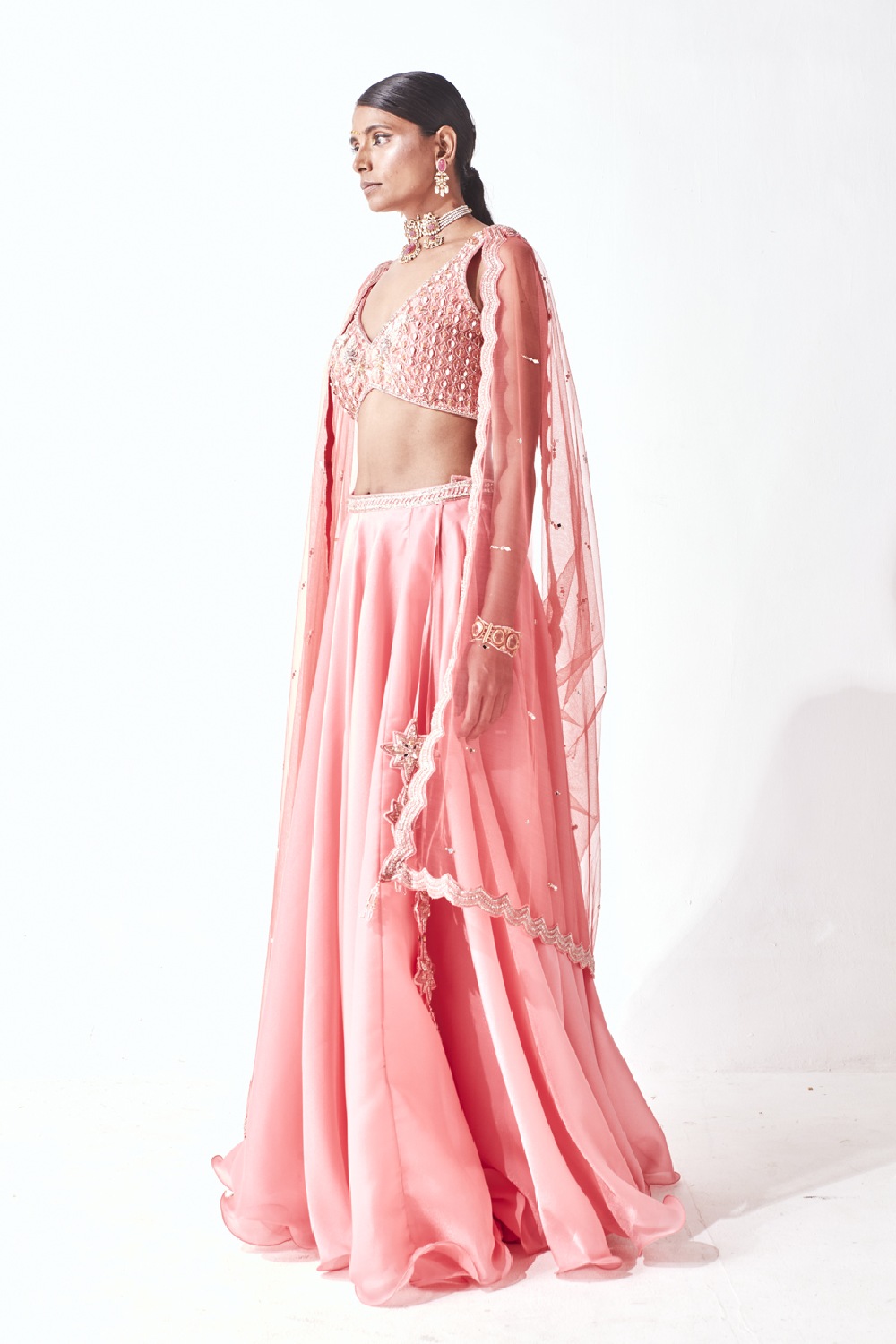 Feyre V-Shape Bustier Paired With Embroidered Belt Flared Lehenga & Scallop Net Dupatta
