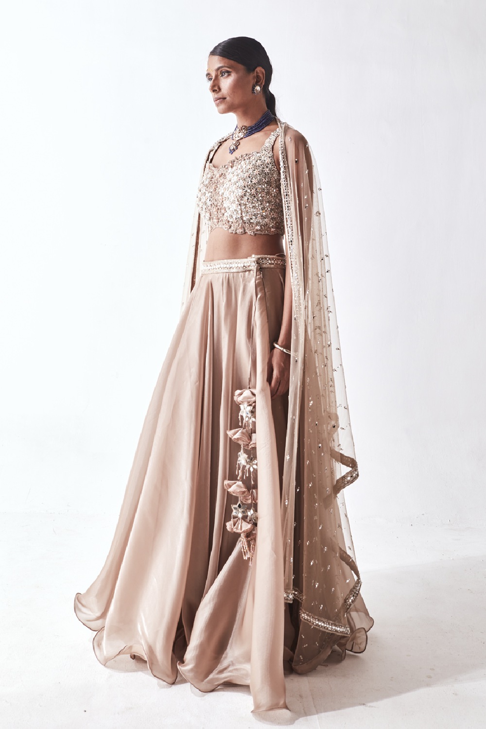 Feyre Symmetric Bustier Paired With Belted Flared Skirt & Embroidered Net Dupatta 