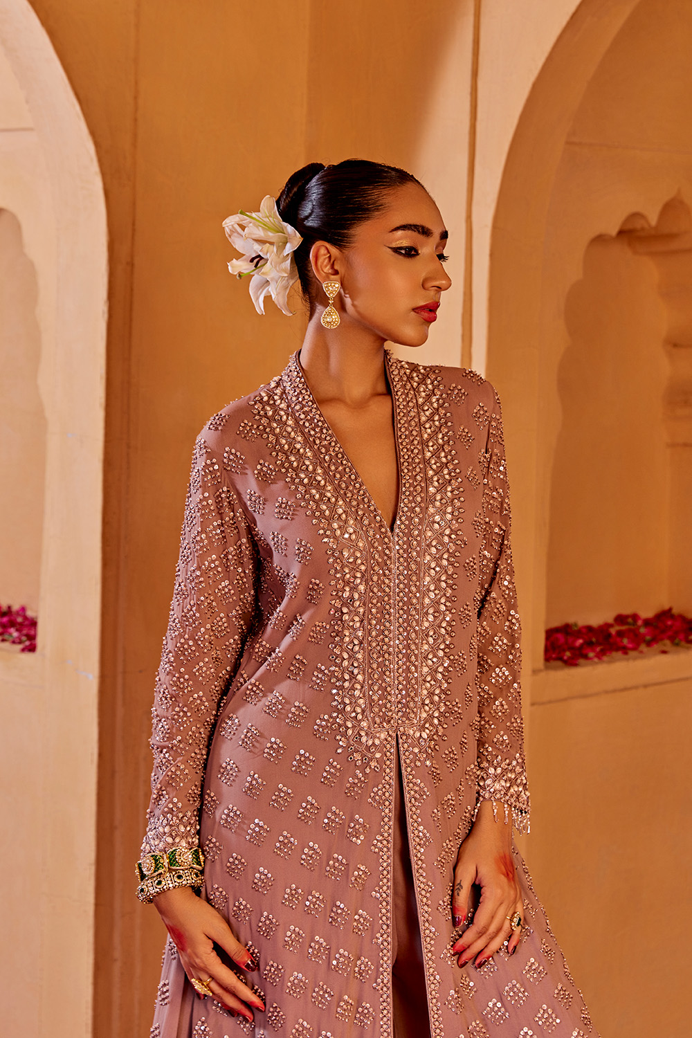 Collar V Neck Front Open Long Embellished Shirt Paired With Flared Sharara & Ombre Dupatta