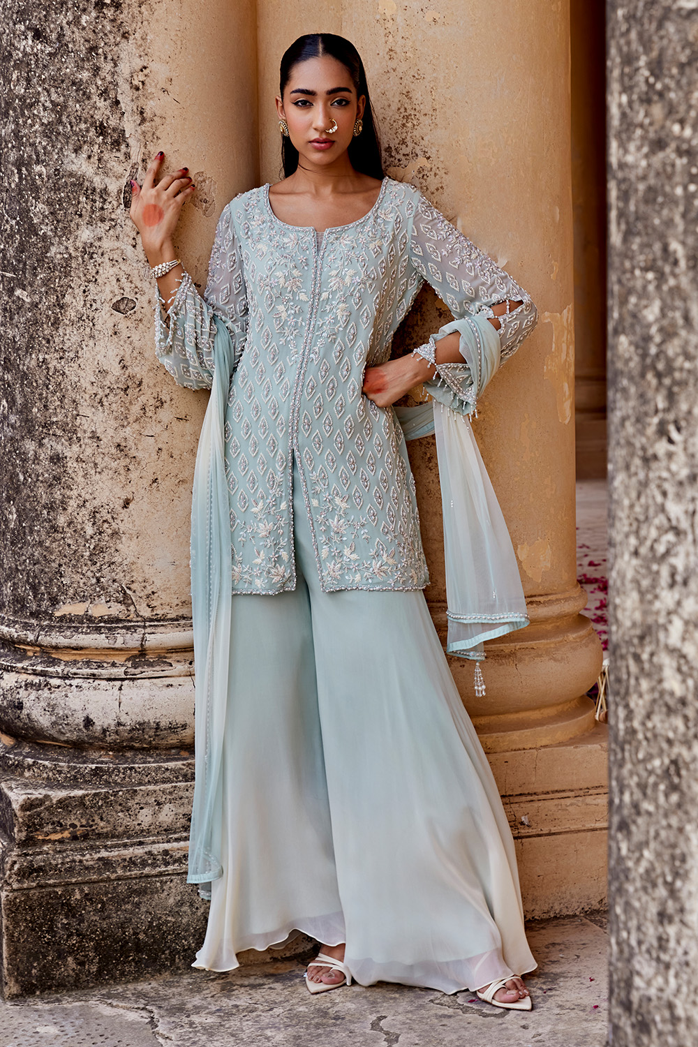 Embellished Short Shirt Paired With Ombre Sharara & Net Dupatta