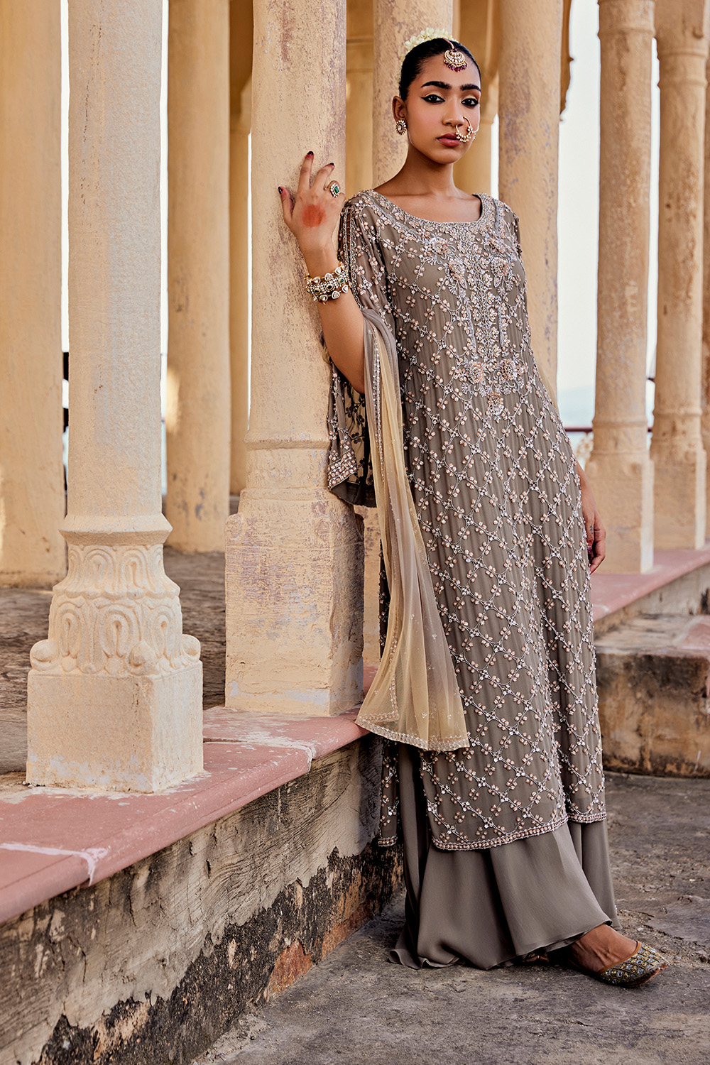 Slit Sleeve Embellised Long Shirt Paired With Flared Sharara & Ombre Dupatta