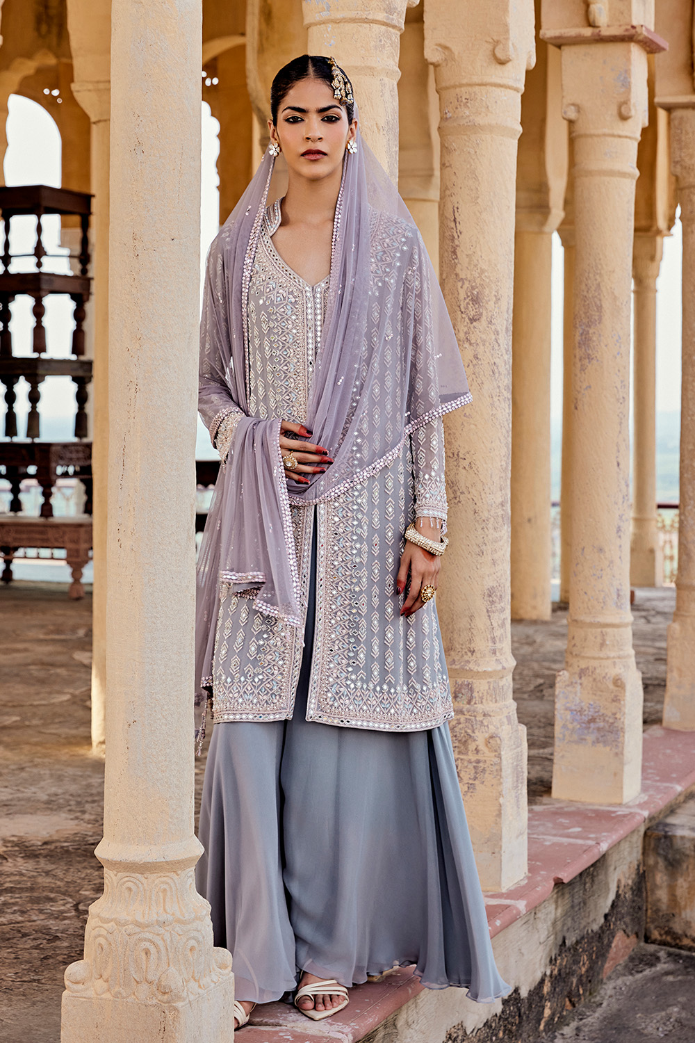 Collar V Neck Front Open Embellished Shirt Paired With Flared Sharara & Net Dupatta