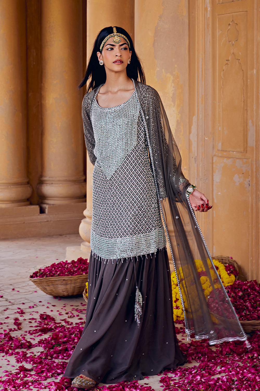 Front Cut Embellished Shirt Paired With Gathered Skirt & Ombre Dupatta