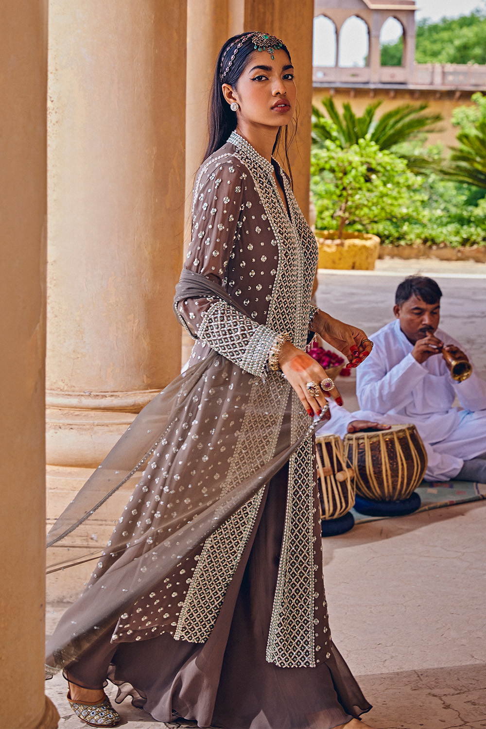 Collar V Neck Front Open Long Embellished Shirt Paired With Flared Sharara & Net Dupatta