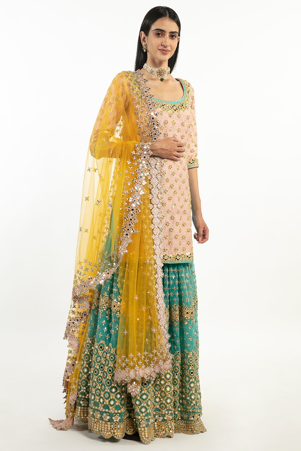 Yellow , Peach And Turquise Embellished Sharara Set 
