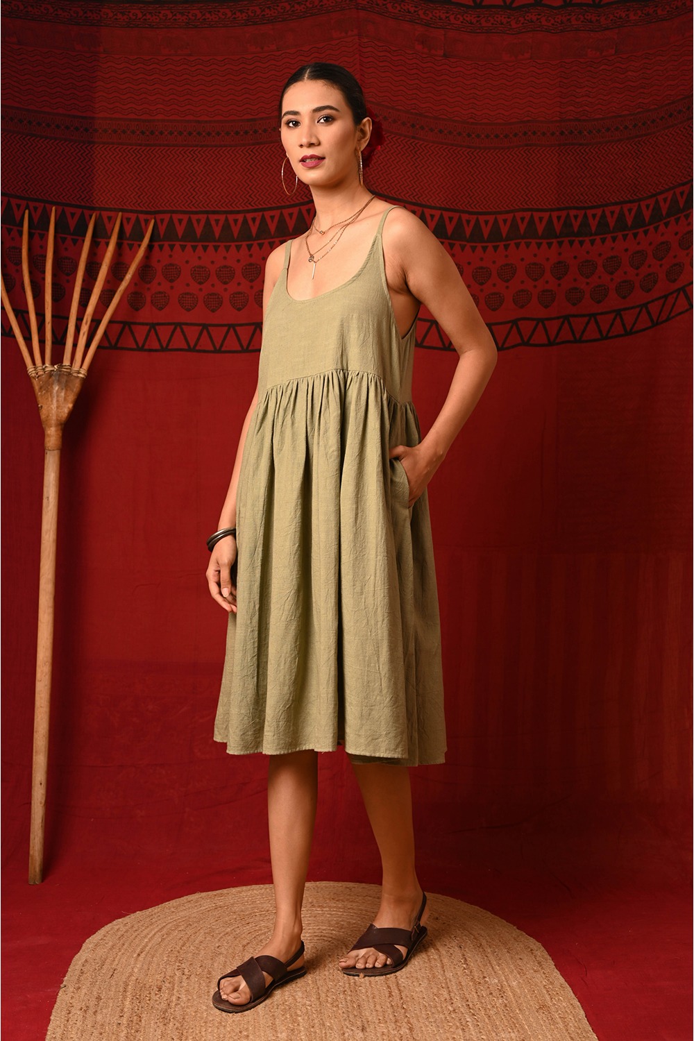  Olive Green Dress With Gathers