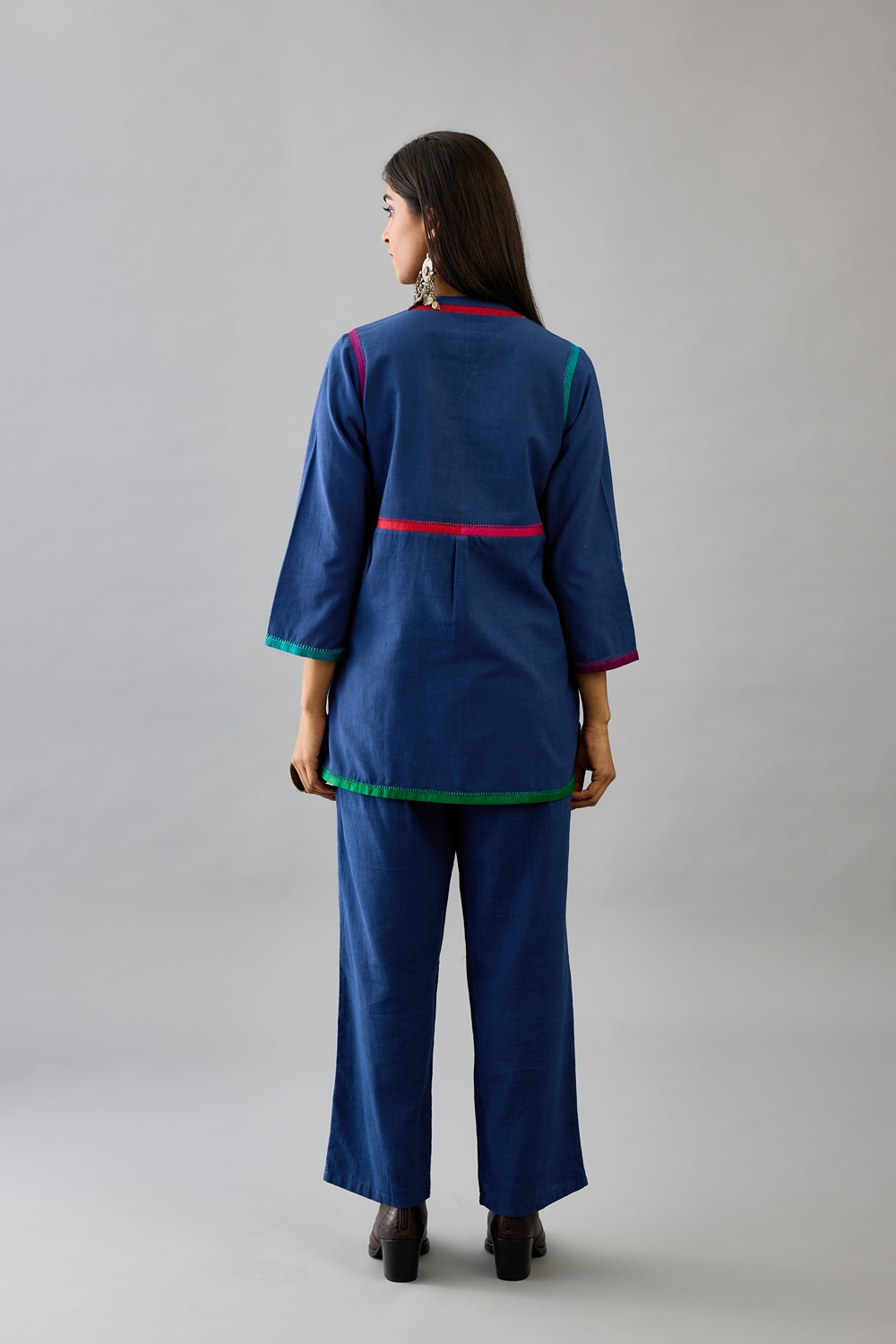 Blue handloom cotton short top paired with blue handloom cotton straight pants