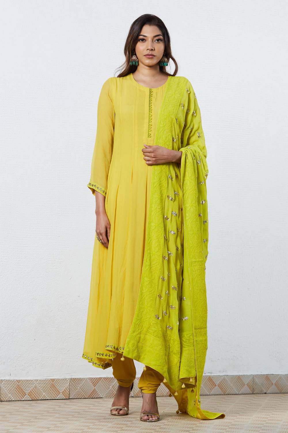 Yellow Anarkali With Lime Green Chikan Dupatta