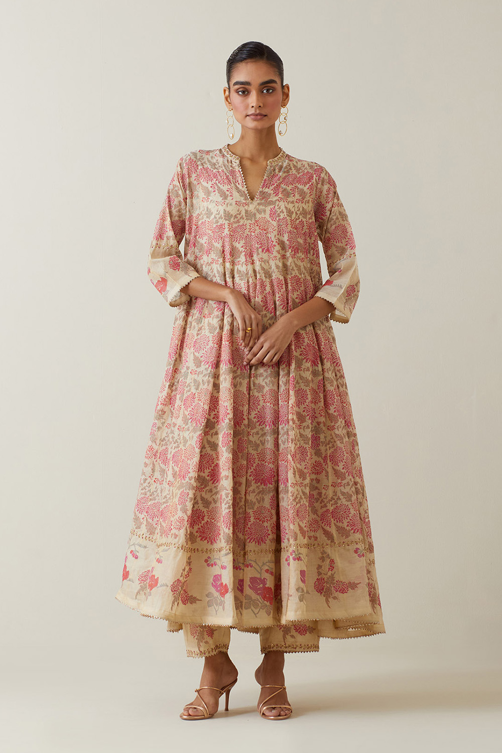 Beige Tissue Chanderi Hand Block Printed Multi-Paneled Kurta Dress