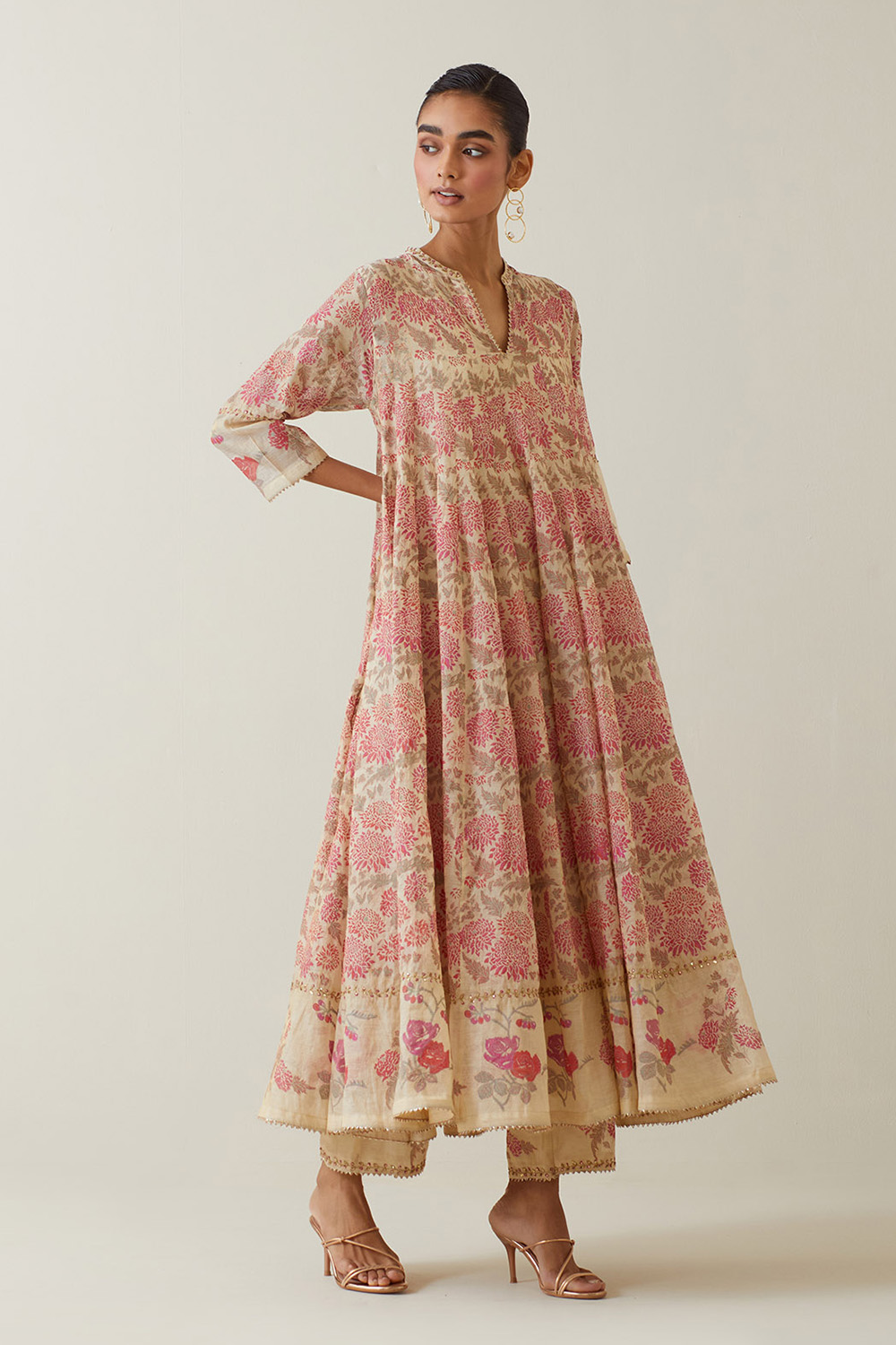 Beige Tissue Chanderi Hand Block Printed Multi-Paneled Kurta Dress With Chanderi Straight Pants