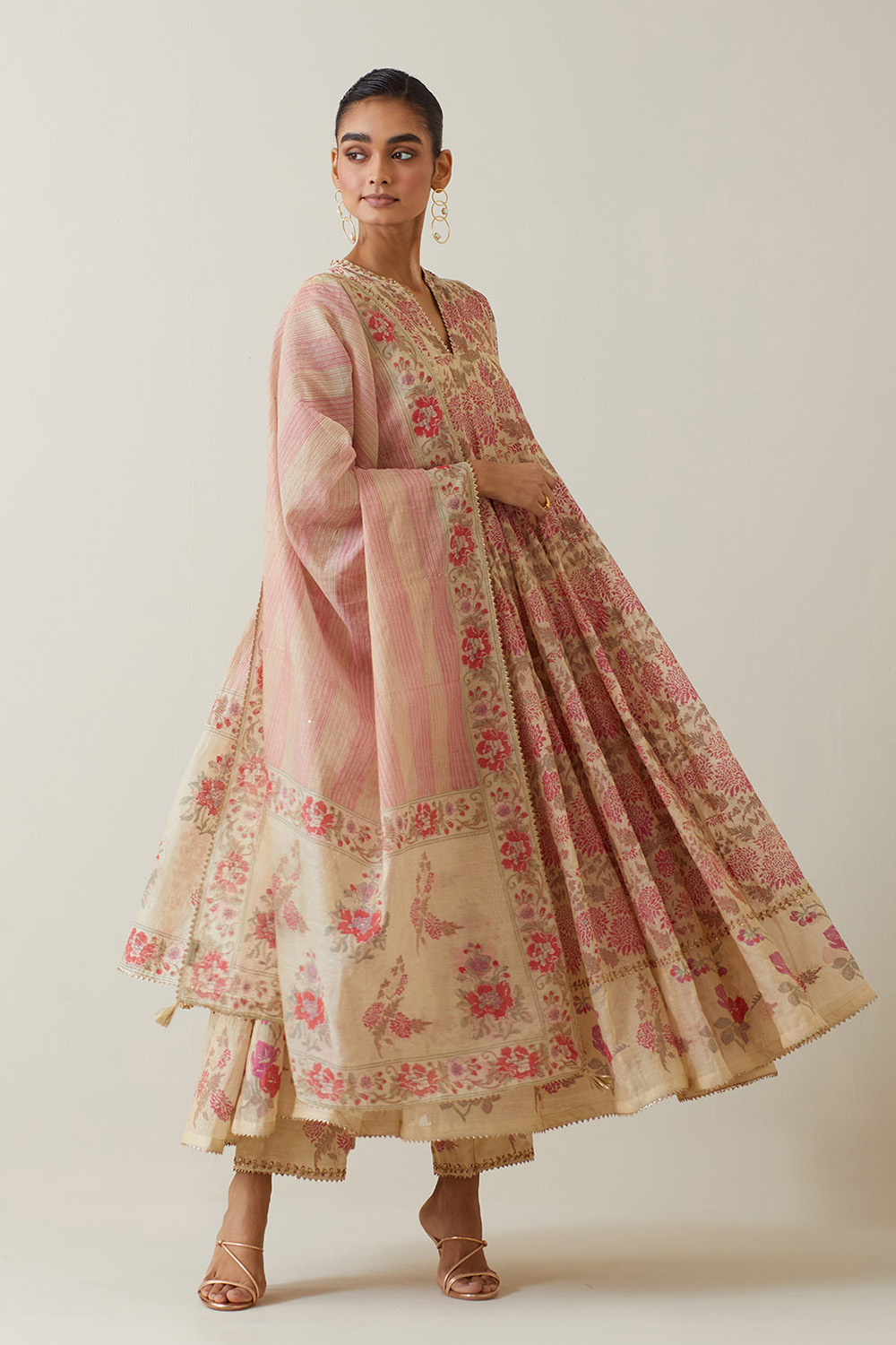 Beige Tissue Chanderi Hand Block Printed Multi-Paneled Kurta Dress Set
