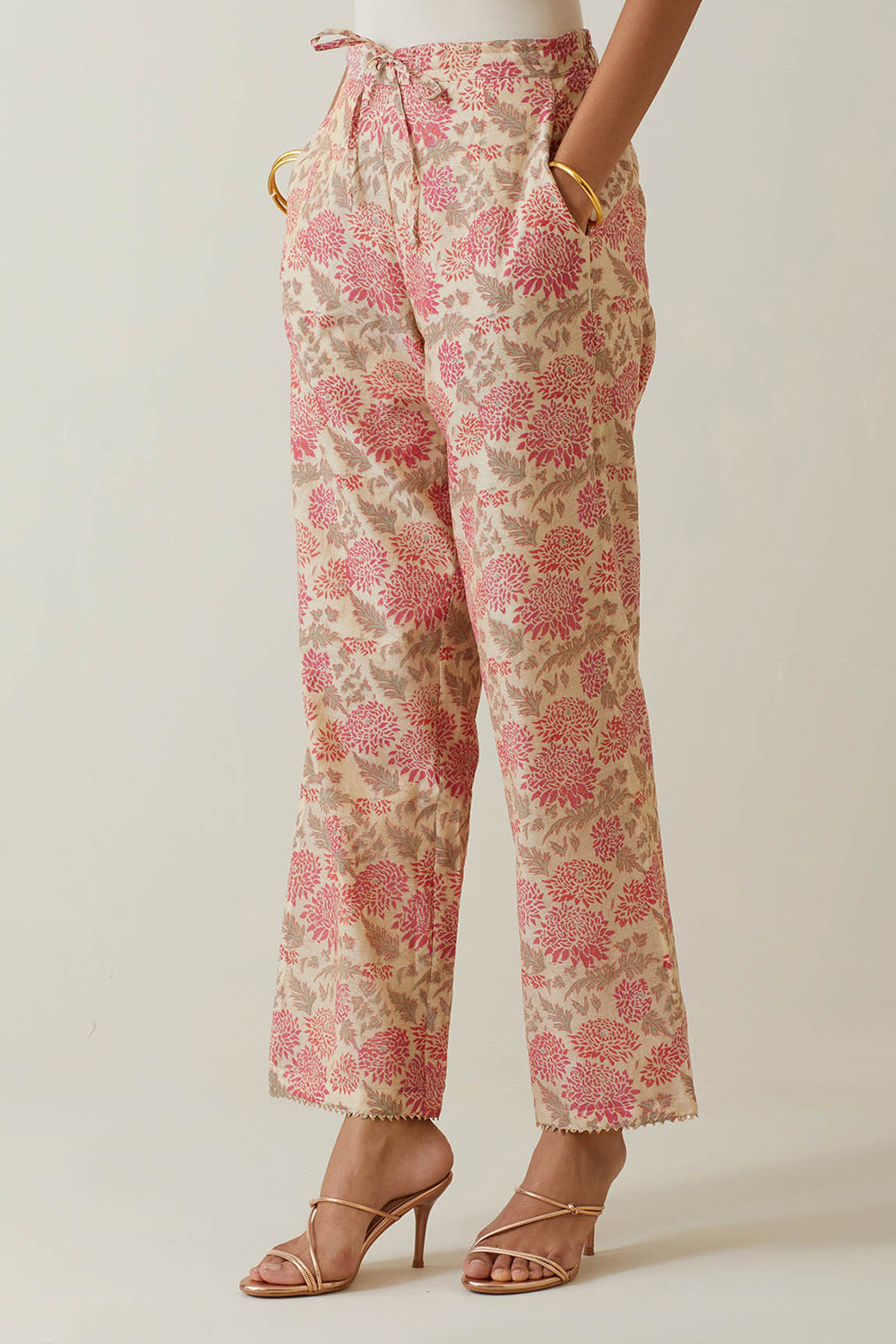 Beige Tissue Chanderi All-Over Floral Hand Block Printed Straight Pants