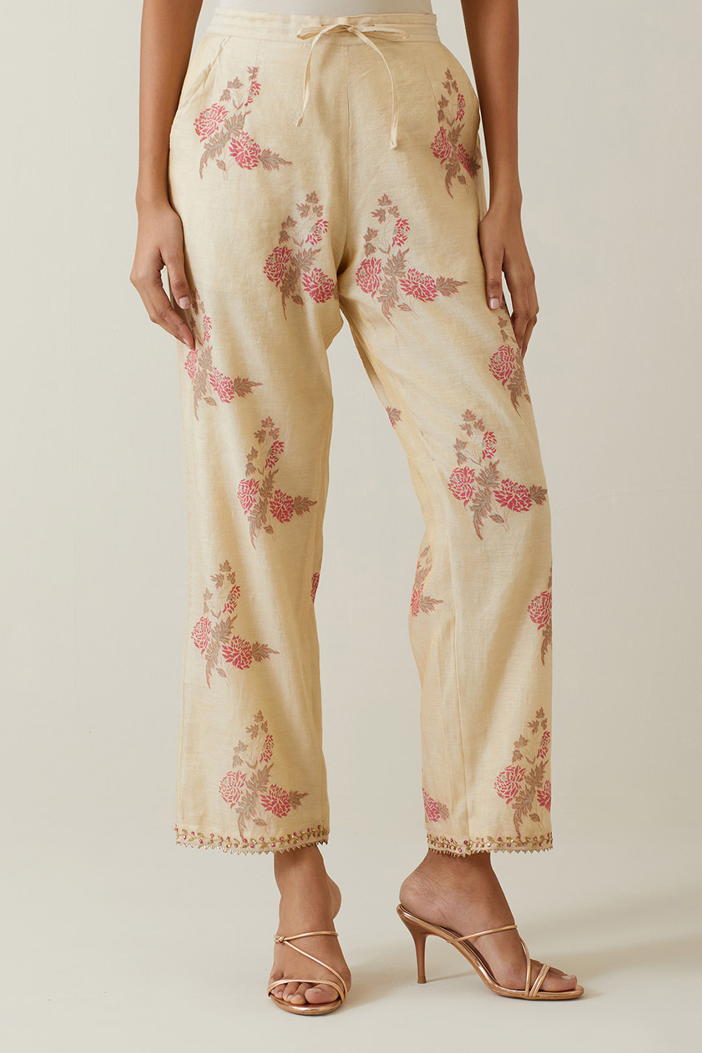 Beige Tissue Chanderi Straight Pants With All-Over Floral Hand Block Printed Boota